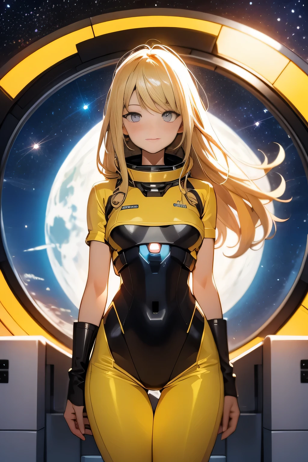 (masterpiece, highest quality:1.2), (cowboy shot:1.1), alone, 1 girl, mori yuki, slight smile, closed mouth, Side view, looking at the viewer, blonde hair, long hair, thigh gap, yellow bodysuit, Perfect for your skin, perfect body, big window, (spaceship porthole:1.3), (spread your legs:1.3), (Are standing:1.1), thigh gap, sensual pose, Side view, perfect hands, bright spaceship interior, (view of the universe:1.1), (Orbit map:1.3), (night, old sky:1.5), milky way