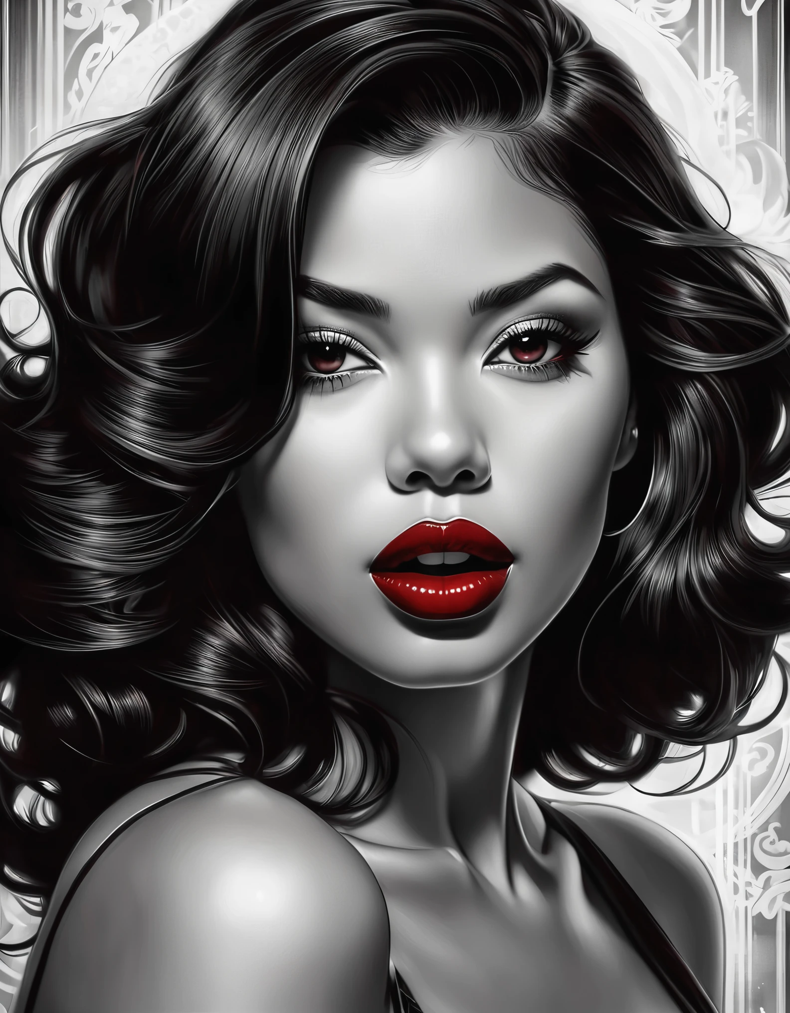 female, fantasy, beauty, in the style of noir comic art, realistic hyper-detailed portraits, black and white grayscale, chicano art, dark cherry red lipstick, realistic yet romantic, flowing lines --ar 23:36 --stylize 750