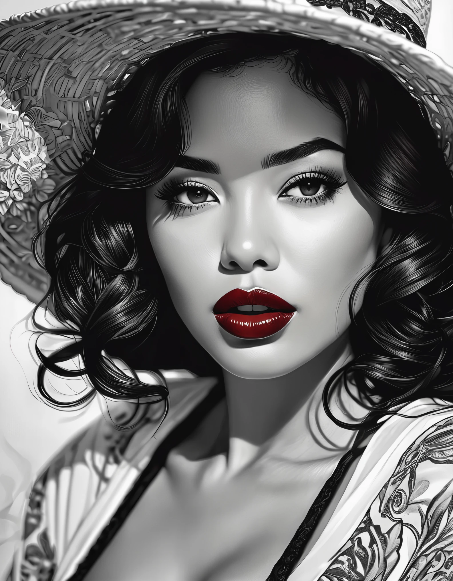 female, fantasy, beauty, in the style of noir comic art, realistic hyper-detailed portraits, black and white grayscale, chicano art, dark cherry red lipstick, realistic yet romantic, flowing lines --ar 23:36 --stylize 750