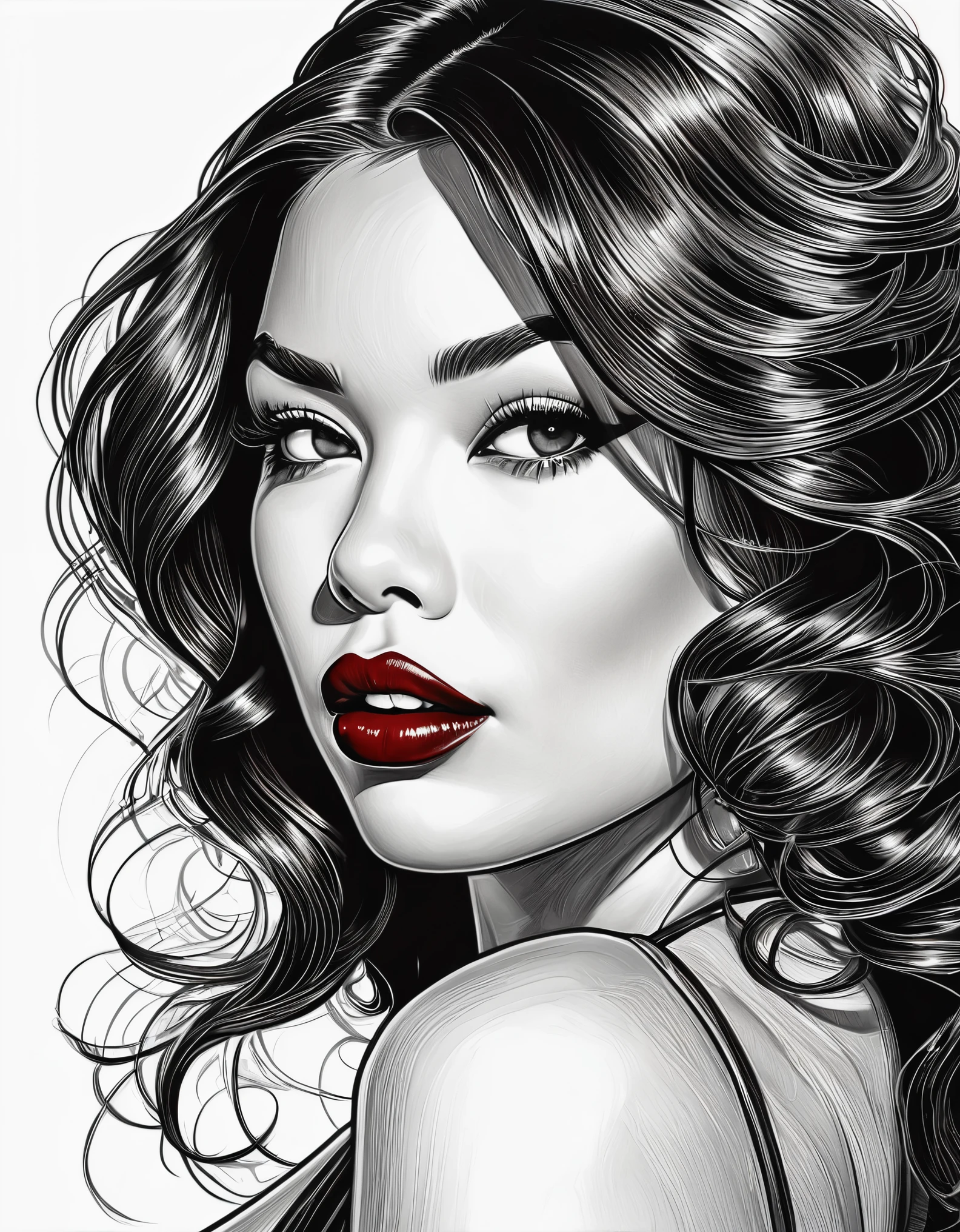 female, fantasy, beauty, in the style of noir comic art, realistic hyper-detailed portraits, black and white grayscale, chicano art, dark cherry red lipstick, realistic yet romantic, flowing lines --ar 23:36 --stylize 750