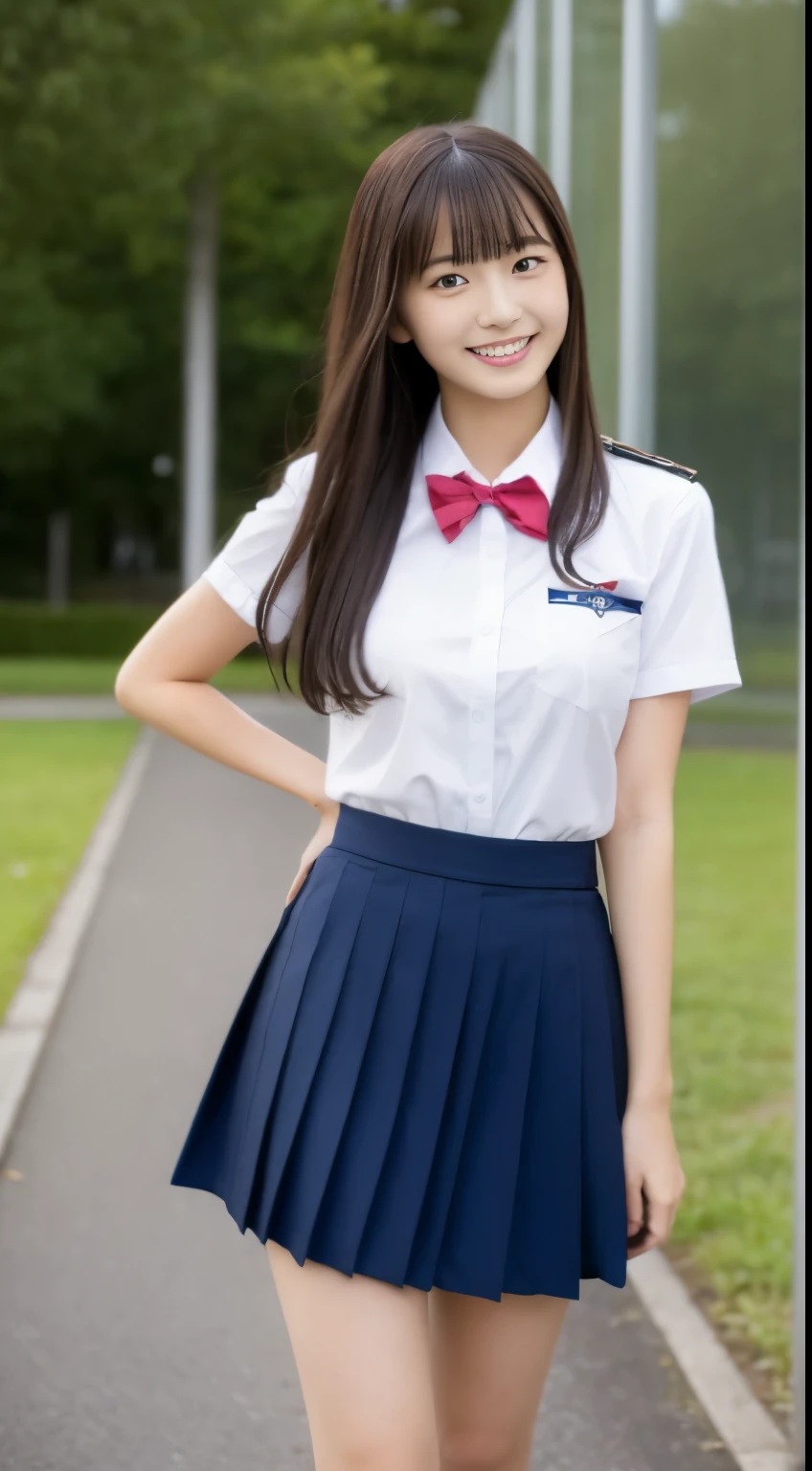 highest quality、masterpiece、solo、beautiful japanese high school girl、18-year-old、sexy uniform、big breasts、(Photograph the subject from an angle)、skinny、 I can see the super miniskirt 、Uniform without sleeves、happy smile、((looking at the viewer))、blush、school classroom