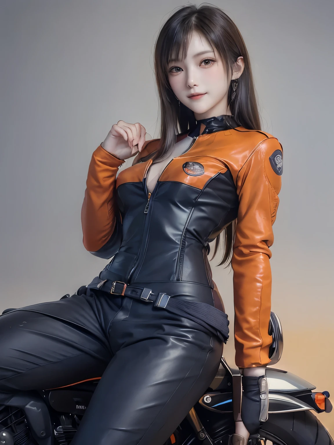 ((highest quality)), ((masterpiece)), (detailed motorcycle), perfect face、Accurate five-fingered hands、double eyelids、small face、realistic skin texture、full body shot、long legs、Beauty、((orange rider suit and pants))、smile、slender body、Moist eyes、((riding a motorcycle))