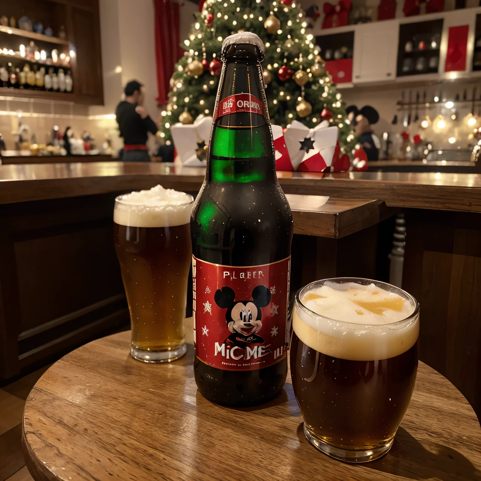 Mickey mouse Christmas mode with a pilsener beer