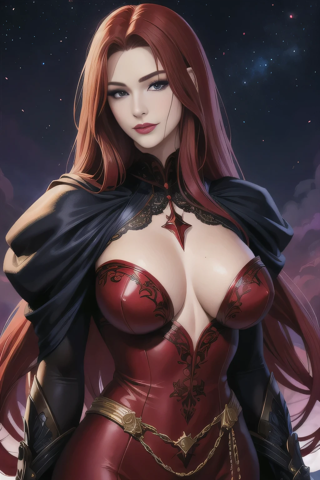 portrait shot, ((blood vivid red hair)), mature woman, 30 years old, diamond face, moonlight, red starry sky background, depth of field, magic, big red lips, ((dark black eyes)) black and red long and full attire, covered chest, mystical atmosphere, ominous shadows, Intense blue aura, Intense red aura (best quality:1.2), absurdres, intricate details, (highly detailed skin:1.2), smile expression, posing, taut and well defined body, attractive. Highly realistic, pale skin, beautiful, hyperrealism, skin very elaborated, direct gaze