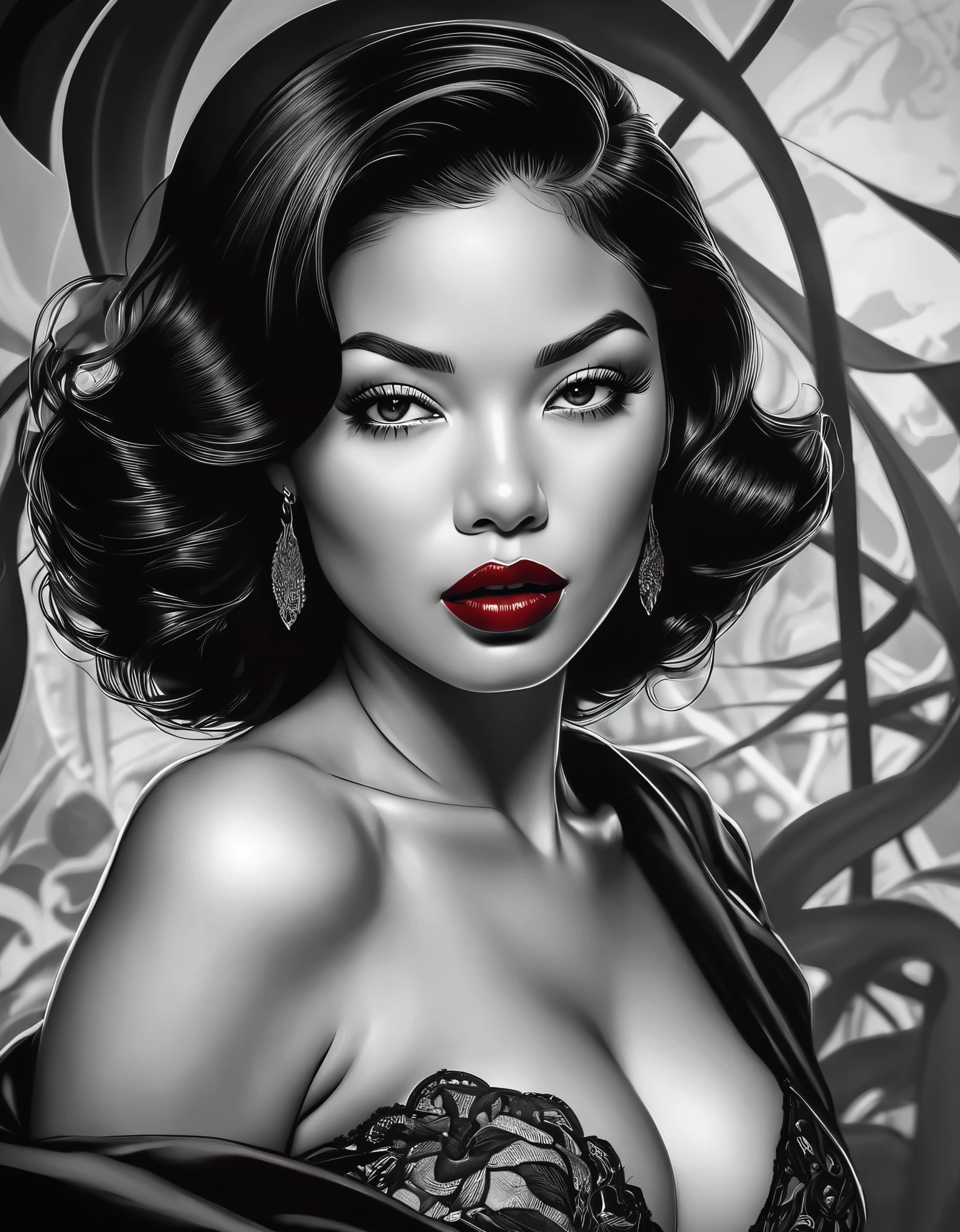 female, fantasy, beauty, in the style of noir comic art, realistic hyper-detailed portraits, black and white grayscale, chicano art, dark cherry red lipstick, realistic yet romantic, flowing lines --ar 23:36 --stylize 750