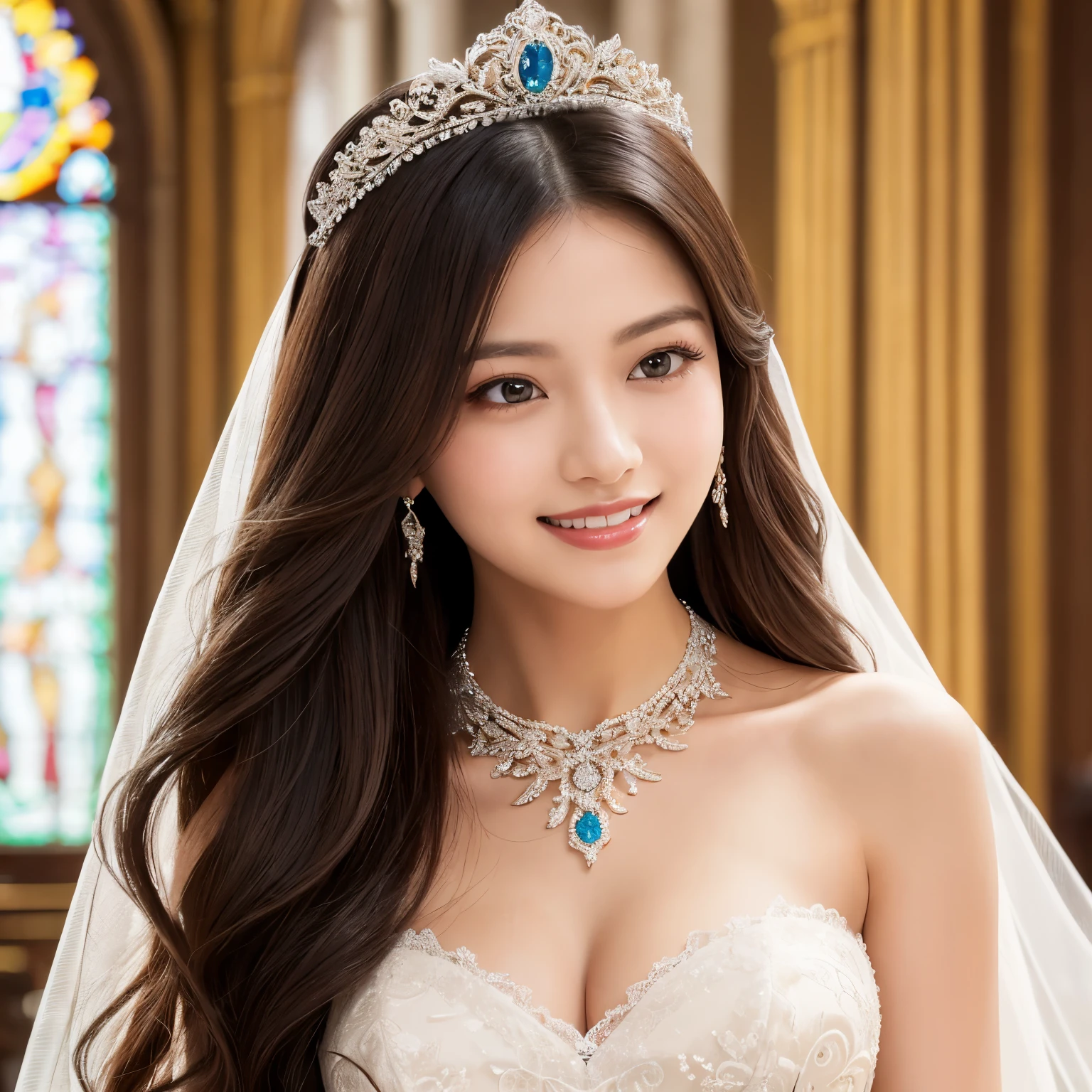 (table top、highest quality、8K、very detailed and intricate details、The most complex and detailed textures、ultra high resolution)、(1 very young 10 year old bride:1.2)、(perfect wedding lace:1.3)、(The most extravagant and finest giant wedding dresses:1.2)、(The most luxurious and highest quality giant tiara:1.2)、(The most luxurious and highest quality giant necklace:1.2)、(the biggest smile looking at me:1.3)、(Large amount of finest jewelry decorations:1.1)、The most luxurious and classy decoration、upper body photo、The most luxurious church wedding、elegant and modern church、Stylish and elegant contemporary church、Delicate and luxurious stained glass、upper body photo、the most extravagant wedding、perfect makeup、glossy bright lipstick、perfect mascara、beautiful eyeshadow、Lustrous and beautiful skin、long eyelashes、Super high-definition sparkling eyes、ultra high definition hair、ultra high resolutionの光沢のある唇、ultra high resolutionの完璧な歯、ultra high resolutionのかわいい顔、(Beautiful skin that shines very brightly:1.2)、(very bright and vivid:1.2)、(body facing straight ahead:1.3)