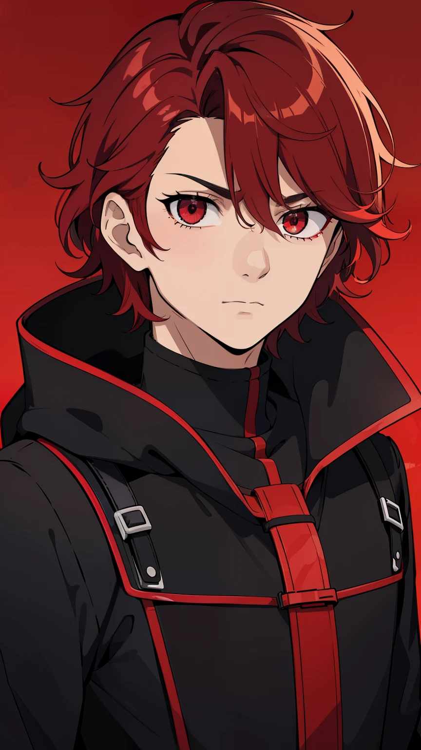 (high-quality, breathtaking),(expressive eyes, perfect face) 1male, male , solo, teenager, short hair length, wavy curly hair, messy hair, red hair color, multicolored hair, deep red eye color, black red background, black and red armor, corrupted theme , , serious expression
