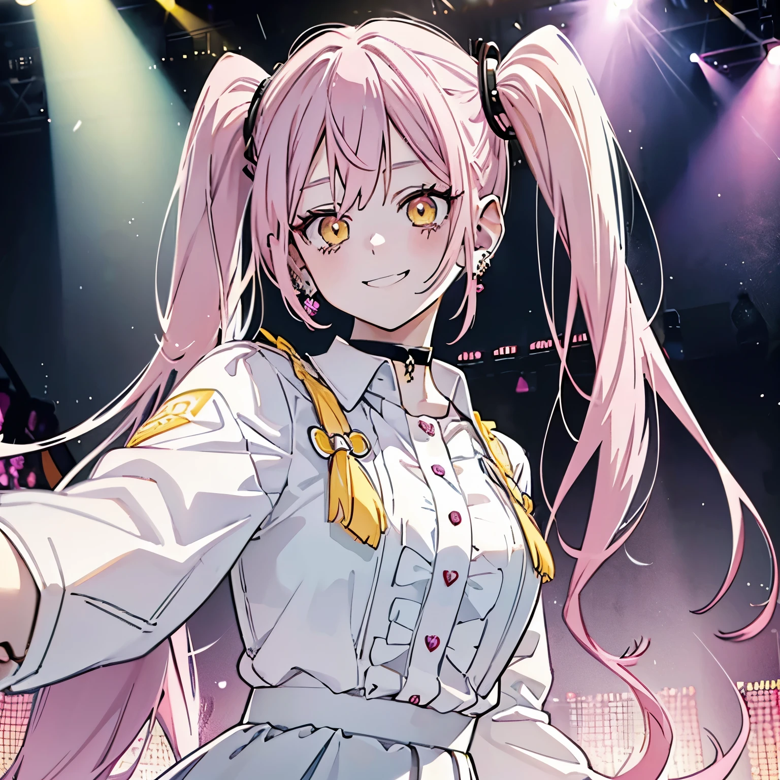 1 girl twintails hair, long hair, pink hair, yellow eyes anime, medium breasts, medium ass, Hairpins, Choker, big smile, happy face, Standin, Detailed white shirt, silver skirt, long heart-shaped earrings, ultra detailed, 8K wallpaper, realistic, taking a selfie,  On a stage, show lights, audience, full of people)