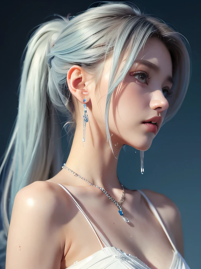 (masterpiece, highest quality:1.2), 8K, 85mm, Raw photo, confused, white and cyan theme, (liquid clothes, liquid dress:1.4), gray hair, gradient dress, delicate girl, Upper body, close your face, shiny skin, teen, looking at the viewer, HDR, sharp focus, particle, dusk sky, shiny skin, small eyes and face, colorful background, simple background、earrings、necklace、clavicle、ponytail、