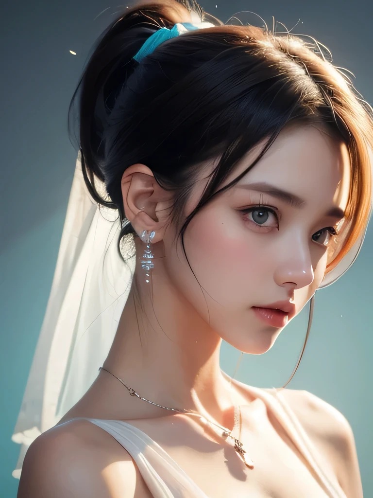 (masterpiece, highest quality:1.2), 8K, 85mm, Raw photo, confused, white and cyan theme, (liquid clothes, liquid dress:1.4), gray hair, gradient dress, delicate girl, Upper body, close your face, shiny skin, teen, looking at the viewer, HDR, sharp focus, particle, dusk sky, shiny skin, small eyes and face, colorful background, simple background、earrings、necklace、clavicle、ponytail、