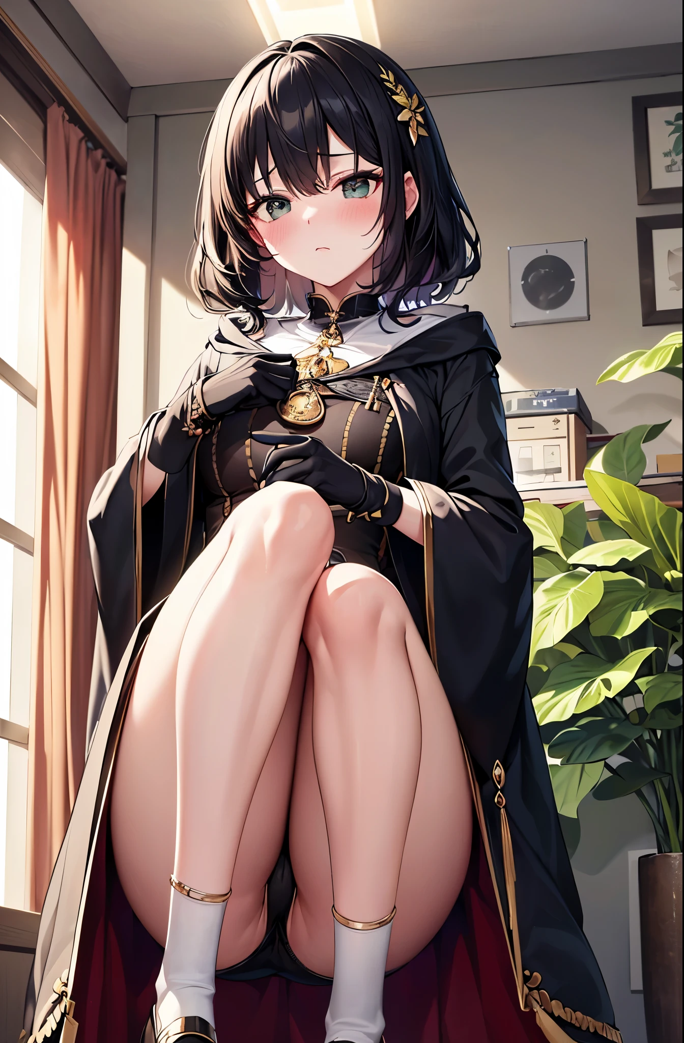 (Laboratory:1.3、indoor、darkness:1.6)、(Super beautiful CG、high resolution)、(No expression、blush、medium breastasterpiece:1.8)、((super quality))、((Ultra-detail illustration))、((stunning CG))、1 girl、solo、(black hair)、(green eyes)、gloves、(黒いgloves)、(hooded robe)、(Alchemist's robe:1.3)、(black clothes)、(gold embroidery:1.3)、hair ornaments、(銀色の花hair ornaments:1.3)、(mini skirt)、leather boots、(Are standing:1.3)、test tube:1.5、(緑色の液体の入ったtest tube:1.5)、{Keep}、(test tubeを持つ:1.5)、look at viewer、female focus、(up to the knees:1.7)、(a room full of plants:1.4)、(blank eyes:1.3)