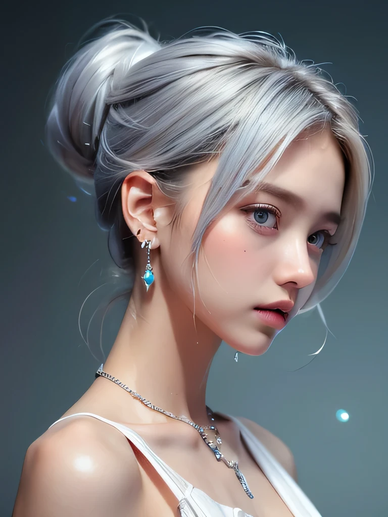 (masterpiece, highest quality:1.2), 8K, 85mm, Raw photo, confused, white and cyan theme, (liquid clothes, liquid dress:1.4), gray hair, gradient dress, delicate girl, Upper body, close your face, shiny skin, teen, looking at the viewer, HDR, sharp focus, particle, dusk sky, shiny skin, small eyes and face, colorful background, simple background、earrings、necklace、clavicle、ponytail、