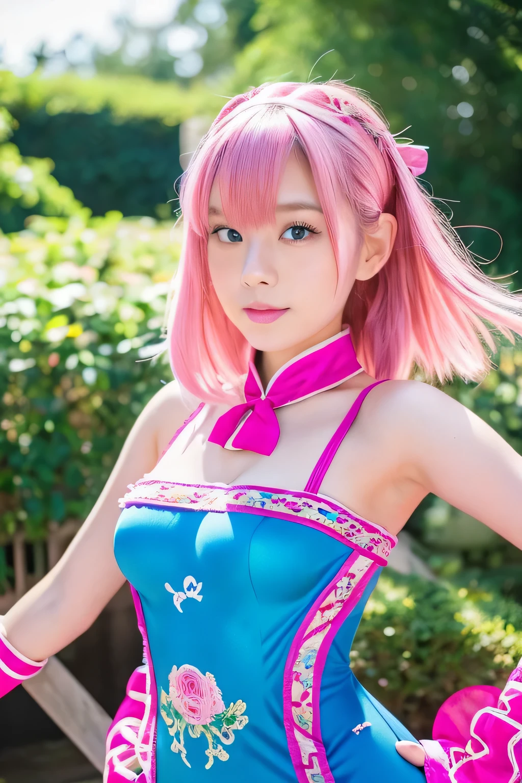 Asian,(Make your face precise),(super high quality),Pose that shows off your armpits,(Pose that shows off your armpits),(pink hair),(blue eyes),(plump lips),(cute japanese woman),whole body,(body suit),gloves,(pink costume),8K,(realistic),complex and detailed,(idol sculpture),(embroidery),(transparent),

