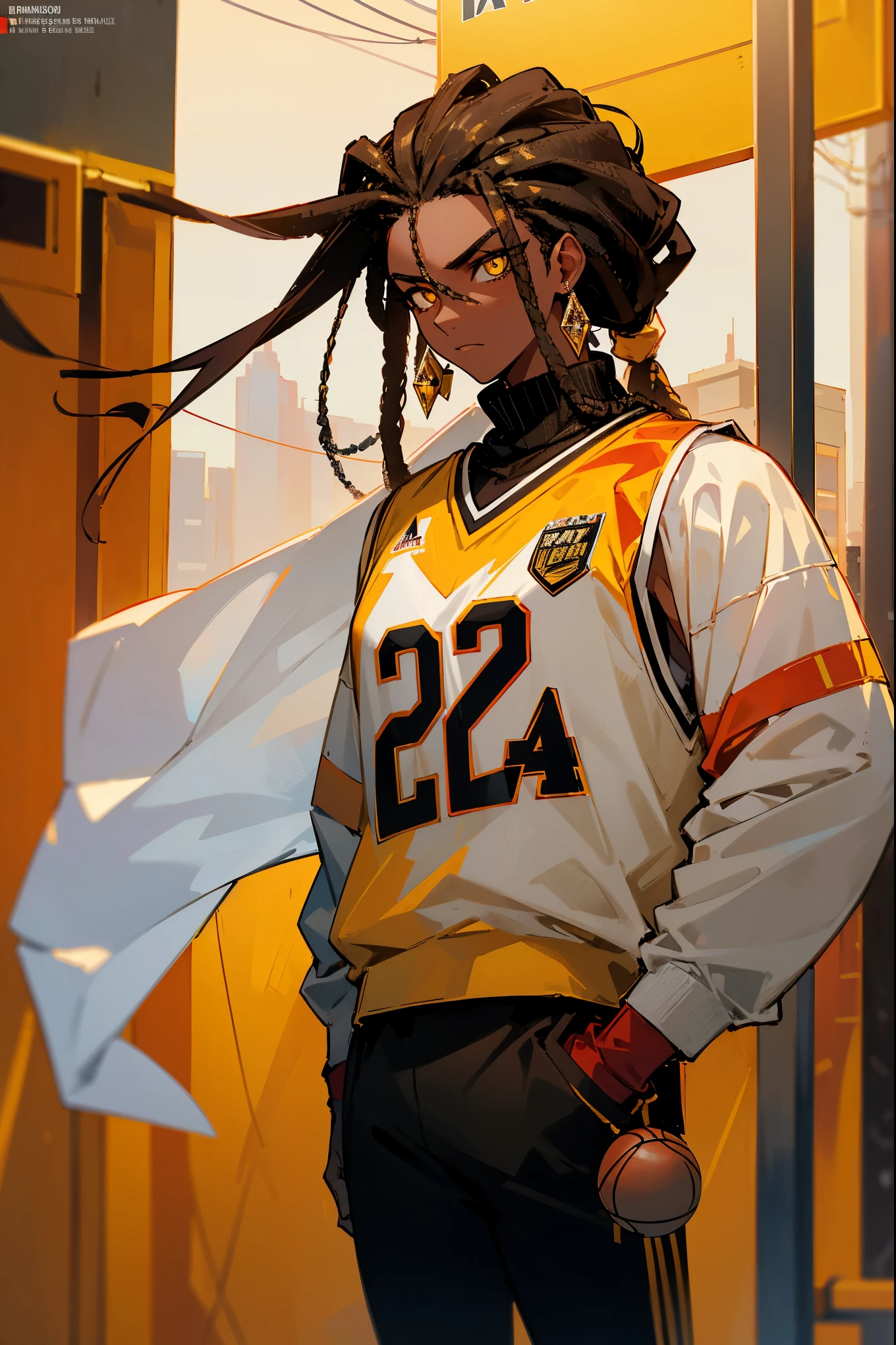 Dark Skin , Dreadlocks , Serious Expression , Yellow Eyes , White Longsleeve Turtleneck , ((Red and White Basketball Jersey)) Worn Over , Golden and Diamond Chains , Diamond Jewelry , Modern City Background , Standing On Sidewalk , Muscular, ((basketball jersey))