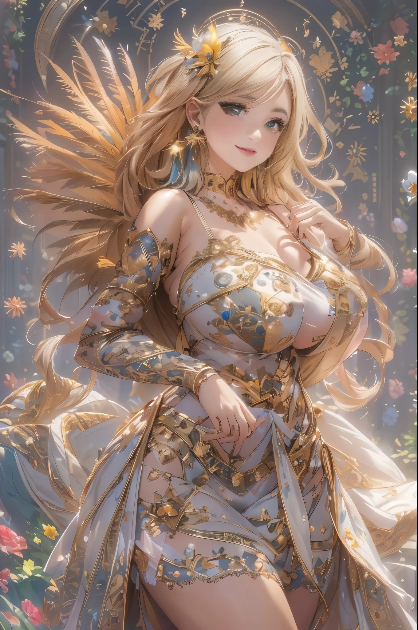 過去最高のmasterpiece、beautiful美しさ, 3D two-dimensional, rich, blonde, skirt, stockings, high heels, star、(Highly detailed CG Unity 8K wallpaper),(masterpiece), (highest quality), (Super detailed), (best work),(best shadow), (sharp eyeliner, eye shadow, fine eye:1.1), (超High resolution,realistic,realistic),(8k,RAW photo),mature woman、sensual curves、huge breasts、thighs、bubble、お尻のmasterpiece, full body shot, beautiful女性, enchanting smile, thick lips, chubby lips, blush, looking at the viewer, provocative expression, beautiful髪型, cleavage, Plump、curvaceous hips、attractive face、sexy dress、an inviting gaze、expression of emotions、(((erotic dress)))、gorgeous accessories 、big breastsの女性, golden hair, colored feather, metal ornaments, colored flowers, particle, light, (1 girl:1.3),(fractal art:1.1),(colorful:1.1)、(flowers:1.3),most detailed,(tangled:1.2), (dynamic pose), (abstract background:1.3), (shiny skin), (lots of colors :1.4), ,(earrings:1.4), (feather:1.4),masterpiece, highest quality, Super detailed, 30~40 years, full body shot, beautiful 、various hairstyles,gold headband,plump breasts,beautiful butt,greek clothing,Tulle covers the chest,perfect balance, costume details details,marble,cinematic lighting, film grain, high detail, openwork decoration,(((colorfulな最高級ドレス)))、(((解剖学的に正しいbody))) ,big breasts,cowboy shot, blush, (((1 girl))), perfect face, (((highest quality))), (Super detailed), detailed face and eye, (alone), High resolution、beautifuleye,(((sexy pose)))、(((整ったbig breasts)))、((beautiful eye))、luxury、(((超High resolution)))、(((detailed description)))、(((ぽっちゃりbody型)))、(((解剖学的構造に一致したbodyの部位)))、beautiful長いまつ毛、バランスのとれたbody型,The legs and arms are just the right size、Fishnet tights、glamorous、(((Clear white and black eye)))、lipstick、Sparkling、(Undistorted face, eye, body)、jewelry、gem、(長くカールしたbeautifulまつ毛)、(((バランス良いbeautiful胸)))、(transparent, Exquisite skin:1.2)、(((完璧なglamorousボディー)))、actress face、Super beautiful、cute smile、Healing beauty、flower shower、(((完璧なeye)))、realistic depiction、super sexy、shiny、glamorous、double eyelids、Excellent dark correction、(((ぼやけていないeye)))、(((Plump face)))、cute face 、(((shiny輝く肌))) 、(((gorgeous long dress)))