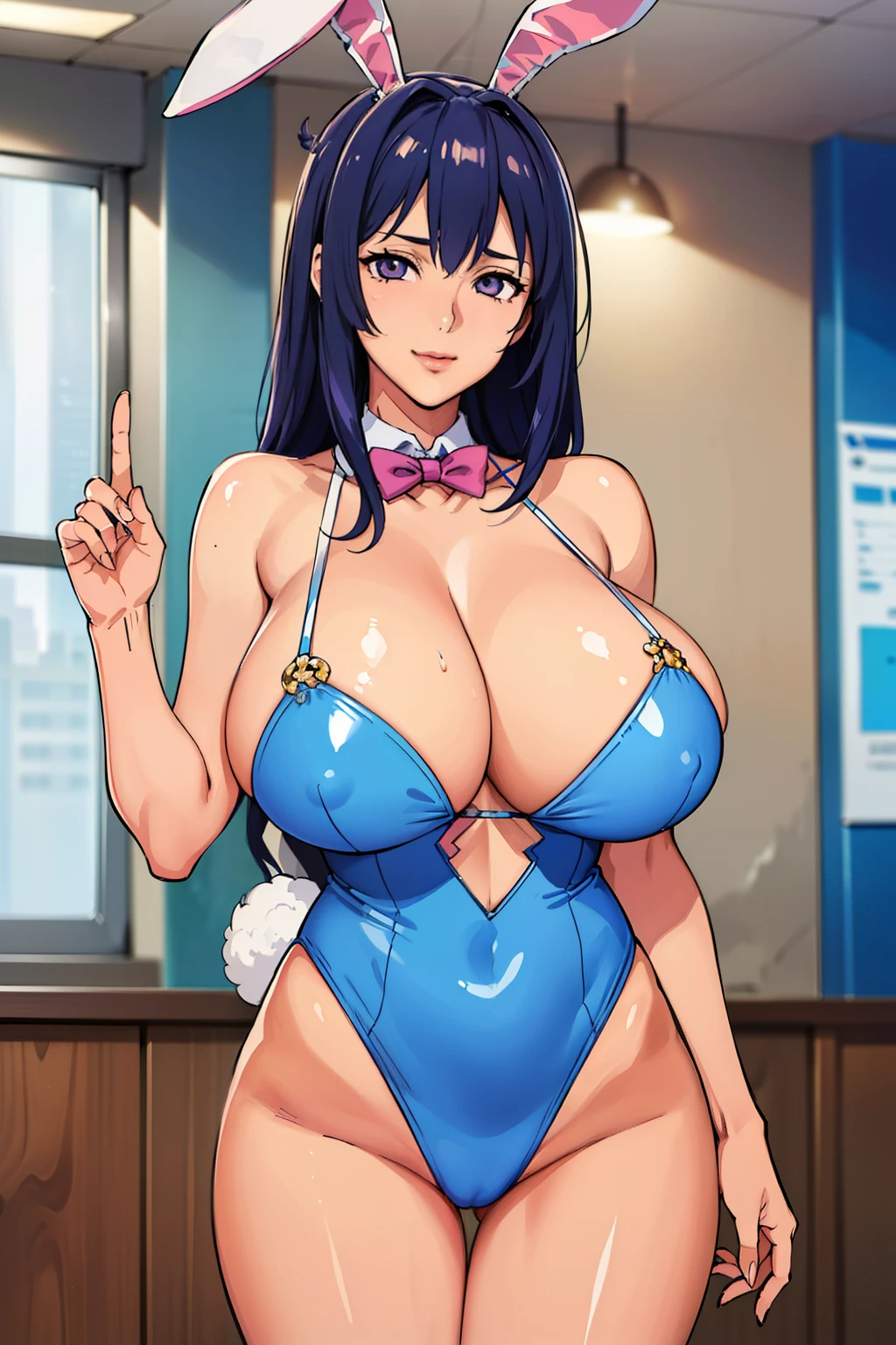 (bunny outfit), (bunny ears on her head), office room background, NJAkiV4, oda non style, anime cels style, smiling, (lipstick), purple eyes, (long hair), best quality, high resolution, (cowboy shot, 1 girl, 30yo,Young female,Beautiful Finger,Beautiful long legs,Beautiful body, Beautiful Nose,Beautiful character design, perfect eyes, perfect face,expressive eyes, perfect balance, looking at viewer,(Focus on her face), official art,extremely detailed CG unity 8k wallpaper, perfect lighting,Colorful, Bright_Front_face_Lighting,White skin, (masterpiece:1.0),(best_quality:1.0), ultra high res,4K,ultra-detailed, photography, 8K, HDR, highres, absurdres:1.2, Kodak portra 400, film grain, blurry background, bokeh:1.2, lens flare, (vibrant_color:1.2),professional photograph, (Beautiful,huge_Breasts:1.4), (beautiful_face:1.5),(narrow_waist)