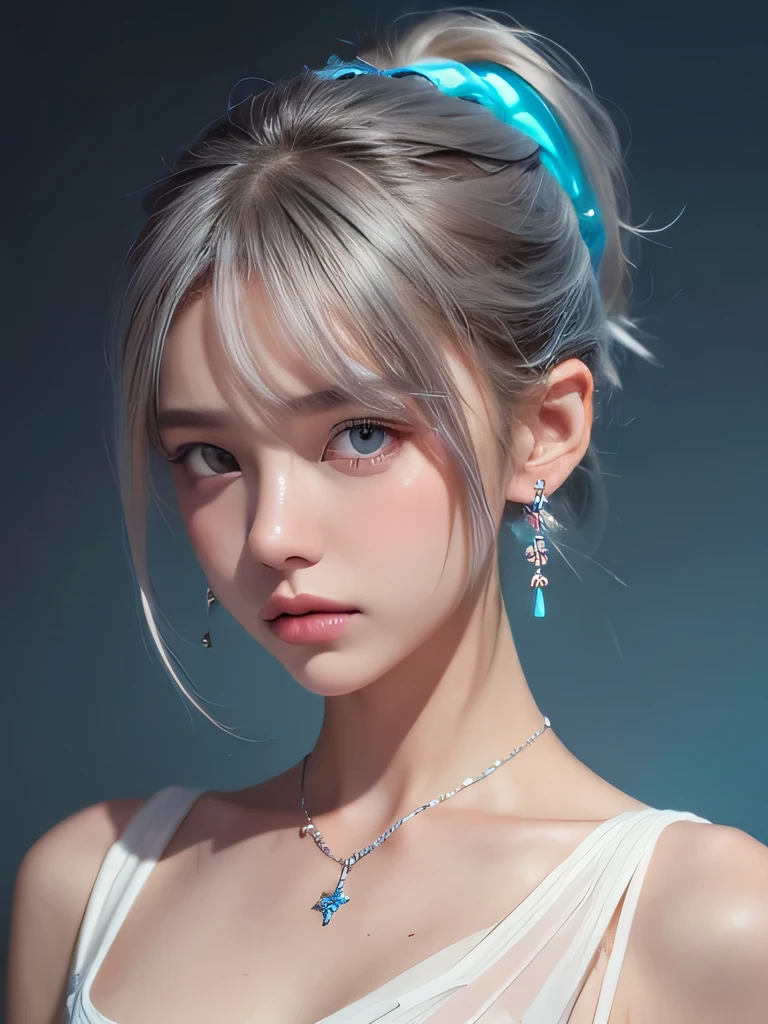 (masterpiece, highest quality:1.2), 8K, 85mm, Raw photo, confused, white and cyan theme, (liquid clothes, liquid dress:1.4), gray hair, gradient dress, delicate girl, Upper body, close your face, shiny skin, teen, looking at the viewer, HDR, sharp focus, particle, dusk sky, shiny skin, small eyes and face, colorful background, simple background、earrings、necklace、clavicle、ponytail、