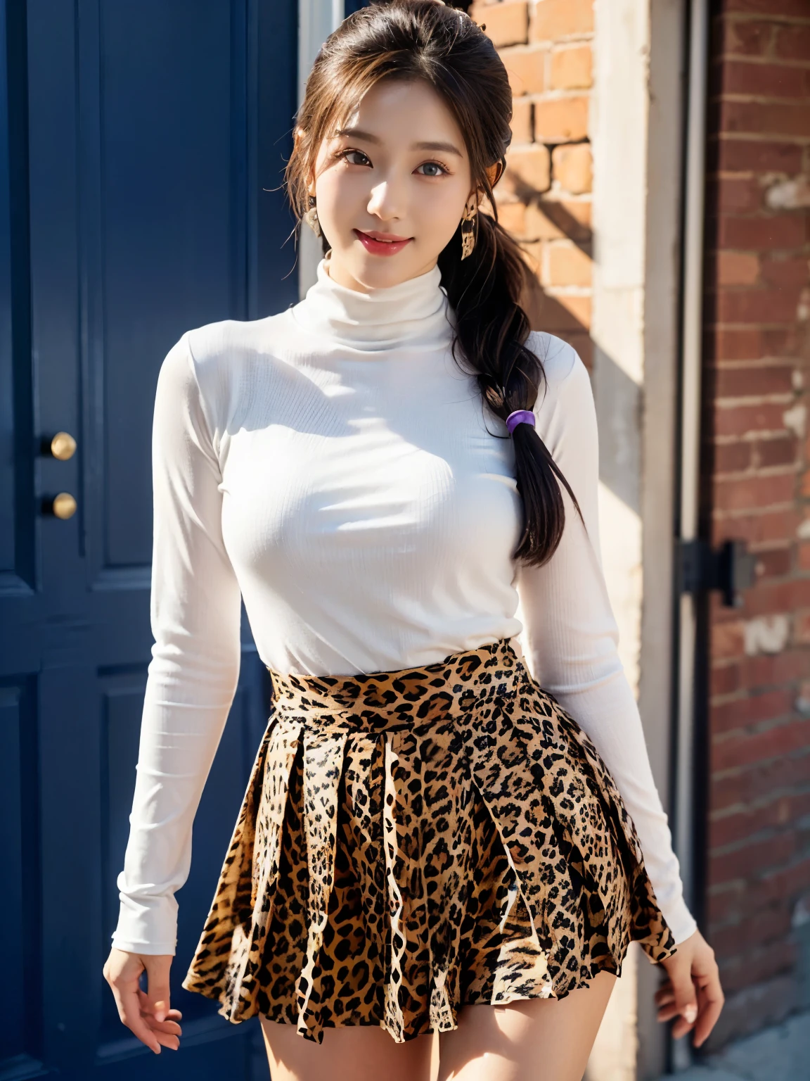 ((((highest quality))))、(((Ultra-precision CG16K wallpaper)))、(((masterpiece)))、(((Super detailed)))、(((super extreme details)))、１people&#39;s women、mature woman、24 year old woman、((Japanese face))、((very beautiful face))、((Zuo々Ki Nozomi:1.5))、((straight long ponytail hair:1.3))、(shiny brown hair)、bangs up to eyebrows、beautiful brown hair、beautiful delicate eyes、brown eyes、raised eyebrows、high nose、small nostrils、small mouth、seductive lipouth slightly open、beautiful breasts、((C cup size breasts))、plump body、(Chubby body type)、perfect proportions、perfect anatomy、perfect composition、beautiful detailed shading、beautiful natural lighting、beautiful detail glow、Depth of the bounds written、soft focus、(((High chroma)))、(((real:1.9)))、((vivid:1.5))、((edge:1.6))、((beautiful skin))、((skin texture))、((realな皮膚感))、(((cowboy shot、Thigh:1.5)))、((Angle seen from the front:1.5))、((smile:1.4))、(Eyes looking at me:1.5)、Bright daylight、(((brick wall:1.3)))、(standing pose:1.5)、(((high neck、long sleeve、rib、Leopard print body fit dress:1.6)))、(((Ultramarine cotton pleated mini skirt clothing:1.6)))、((Wearing earrings:1.3))、