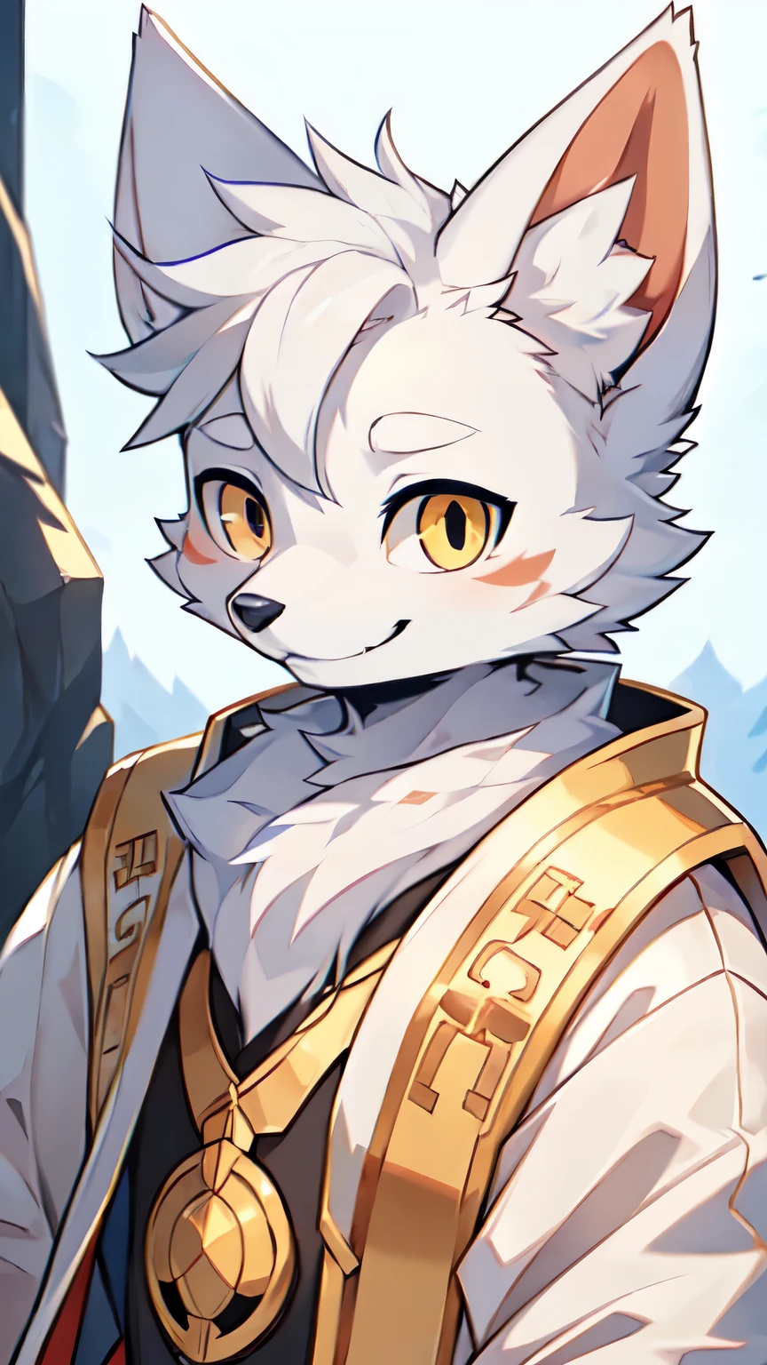 (best picture quality),(masterpiece),(((the only person))),(Super detailed),(male arctic fox:1.5), (white skin:1.3), hairy，(white fur:1.3),((golden pupils)) ,(gray ears),(hairy 动物 耳朵s)，((Wearing a Chinese white robe)，natural lighting，complex background,Detailed face，details on face，Character focus，Detailed clothes，upper part of body，Character close-up，smiling