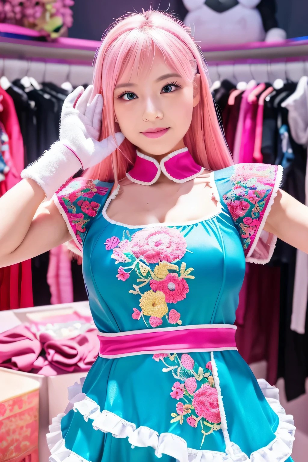 Asian,(Make your face precise),(super high quality),Pose that shows off your armpits,(Pose that shows off your armpits),(pink hair),(blue eyes),(plump lips),(cute japanese woman),whole body,(body suit),gloves,(pink costume),8K,(realistic),complex and detailed,(idol sculpture),(embroidery),(Transparent 2),