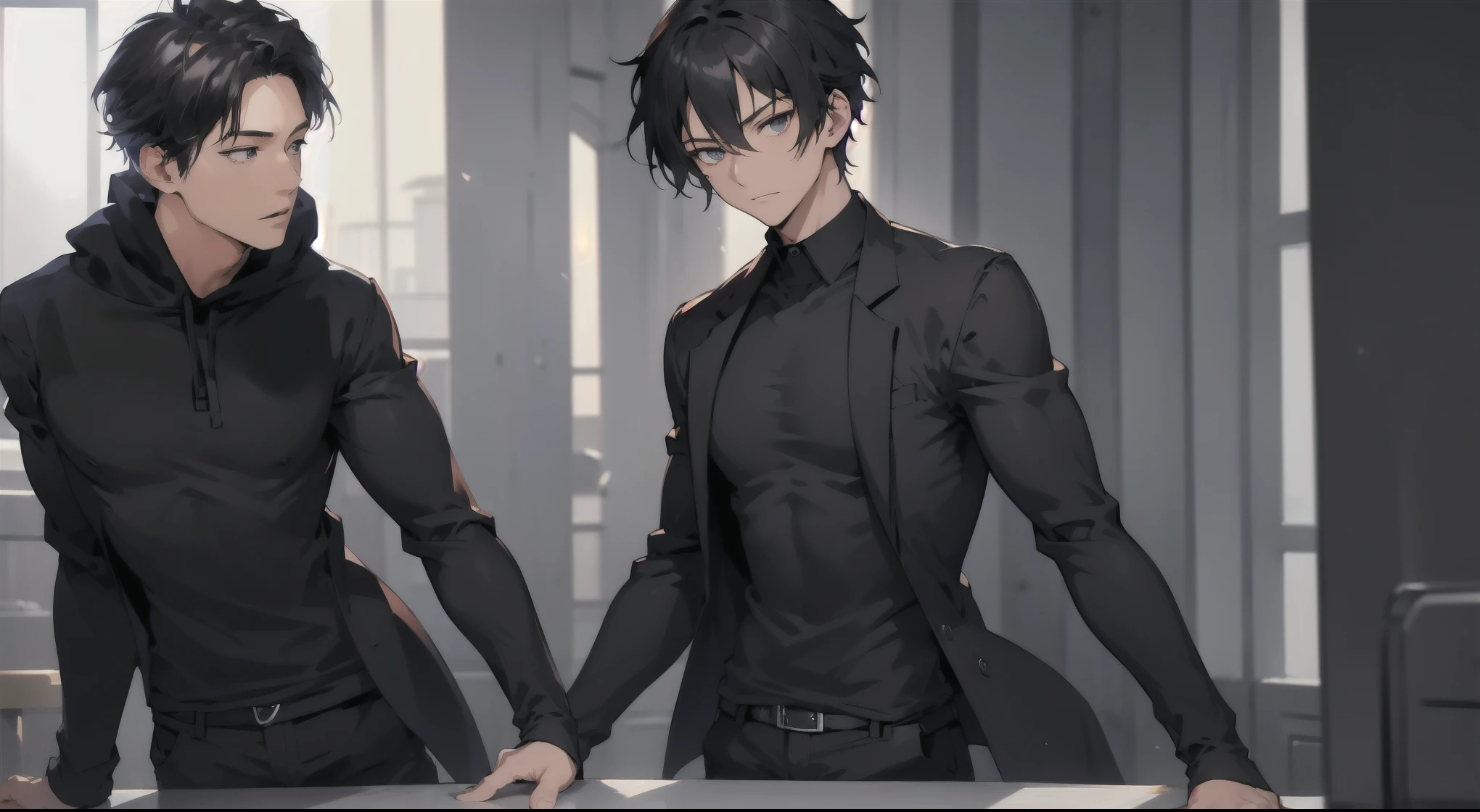 白い背景でカメラを見ている黒いパーカーを着たanimeの少年, デーモンスレイヤーアートのa handsome guy, animeのa handsome guy, 男性anime風, ハンサムなanimeのポーズ, animeの男性キャラクター, board「anime」pin, anime portrait of a handsome guy, animeの若者, 青い目をした背の高いanimeの男, a handsome guy,black short hair, anime風に, anime絵師スタジオで制作しました