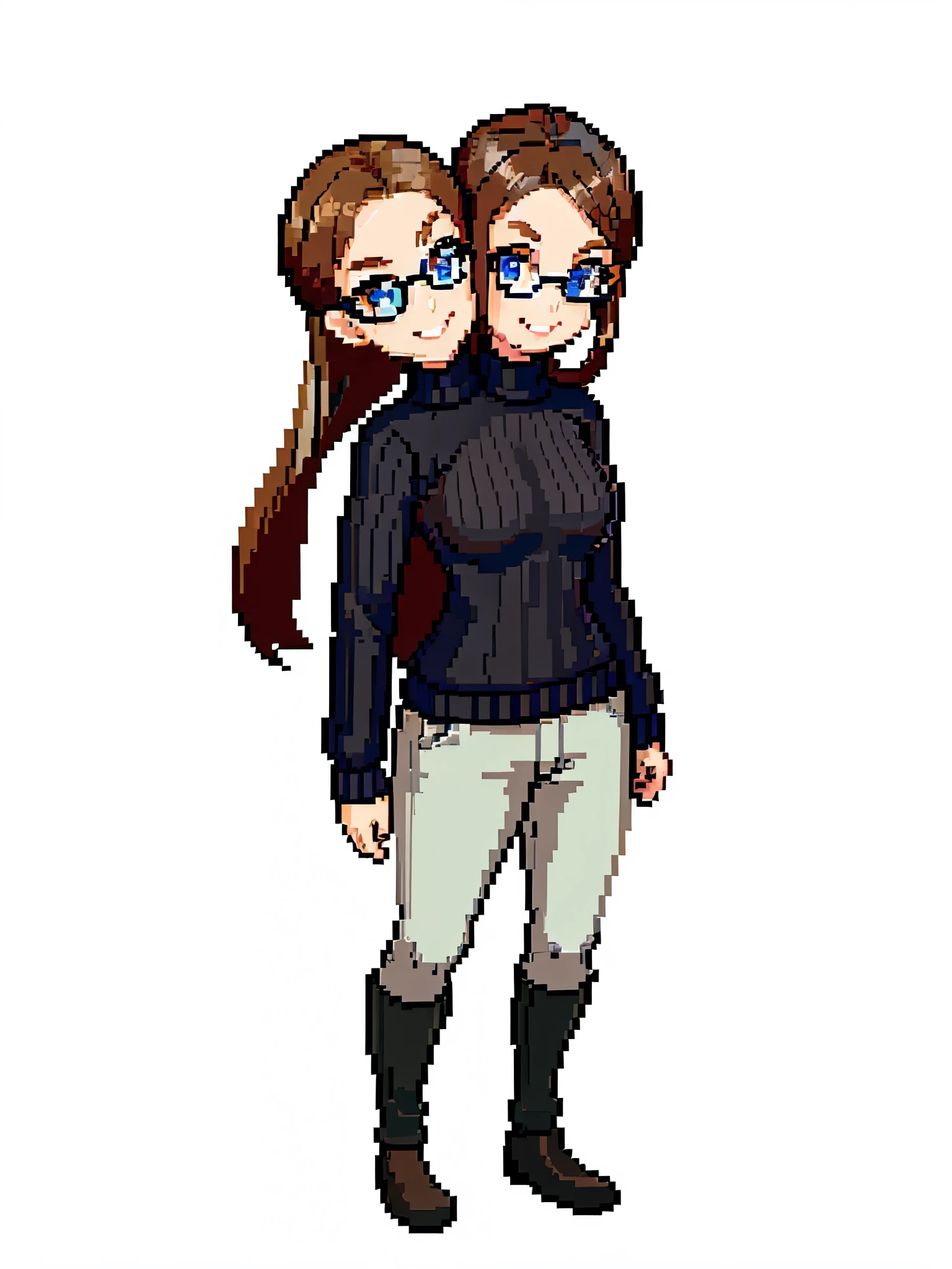 (masterpiece, best quality), best resolution, pixel art, (2heads:1.5), 1girl, brown hair, glasses, blue eyes, smiling, arms crossed, black turtleneck sweater, close-up, white wall background