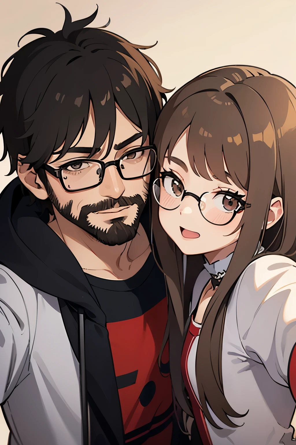 un chico con gafas de sol oscuras, He has a few days' worth of beard only on his upper lip and on his chin., tiene un poco de sobrepeso y tiene el pelo hasta sus cejas, su estilo es muy urbano, and he is young with a girl with light brown hair, Brown eyes, se parece un poco a ariana grande pero no mucho. they are taking a selfie together, anime