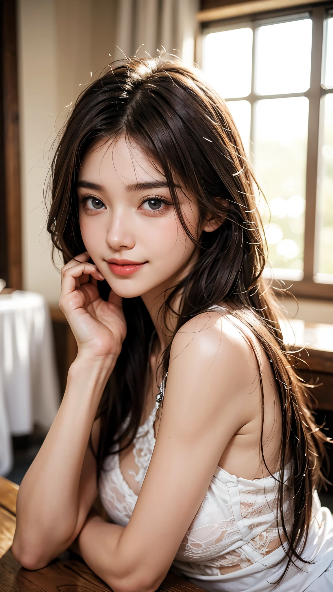 highest quality, table top, ultra high resolution, (realistic:1.4), Raw photo, 1 girl, Hide your breasts with your hands, sparkling eyes,long pony hair, indoor, Summer day,fine eyes,(realistic eyes),delicate face,real skin,thin hair,fine skin,beautiful face,smile、