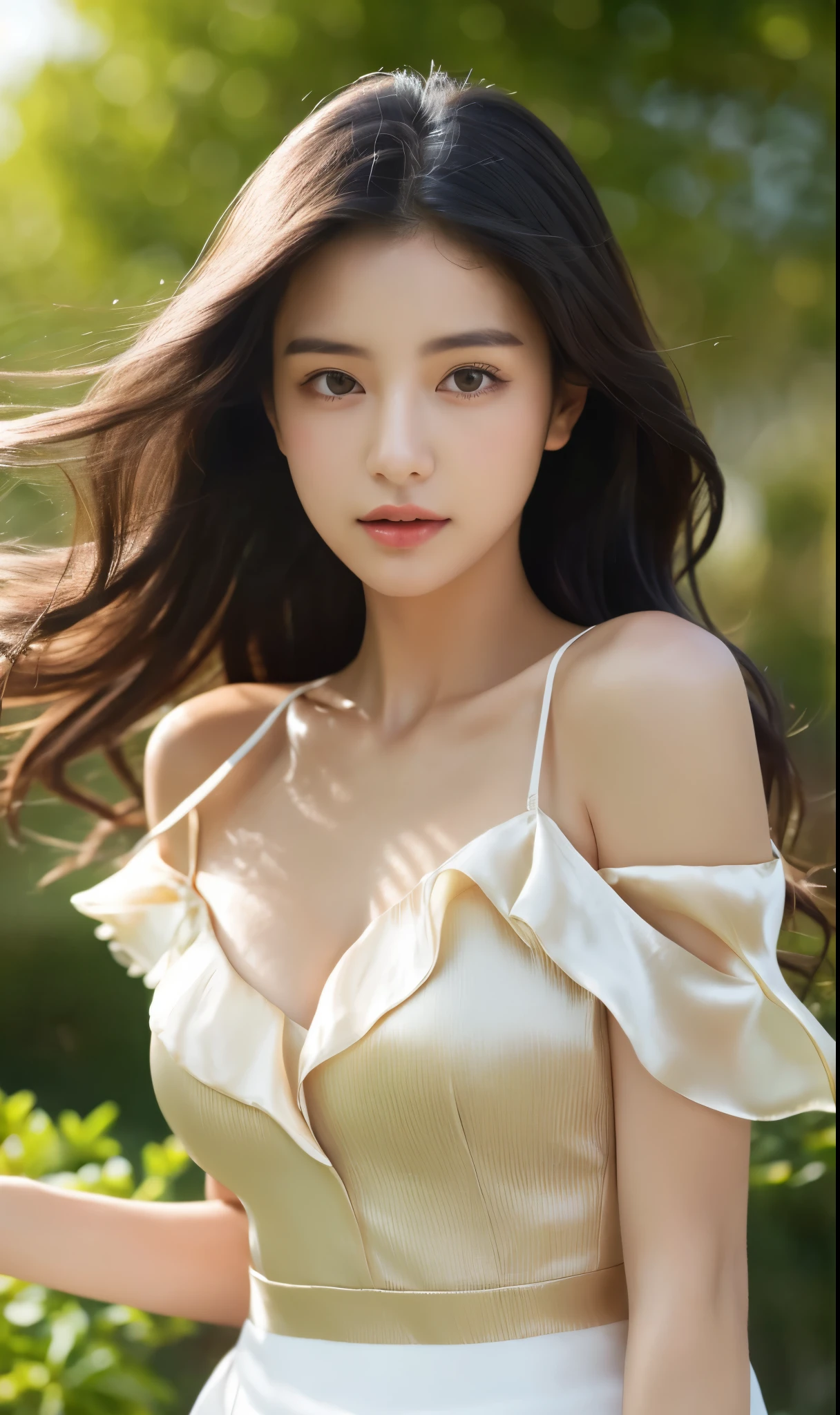 ((best quality,8k,masterpiece:1.3)),((Upper body photo)),(realistic light:1.2),a korean girl,Detailed eyes,Detail of face,Detail of hair,(Long black hair blown by the wind:1.1),(Deep cleavage),white off shoulder dress,silk,(A skirt blown by the wind),medium breasts,garden,early morning