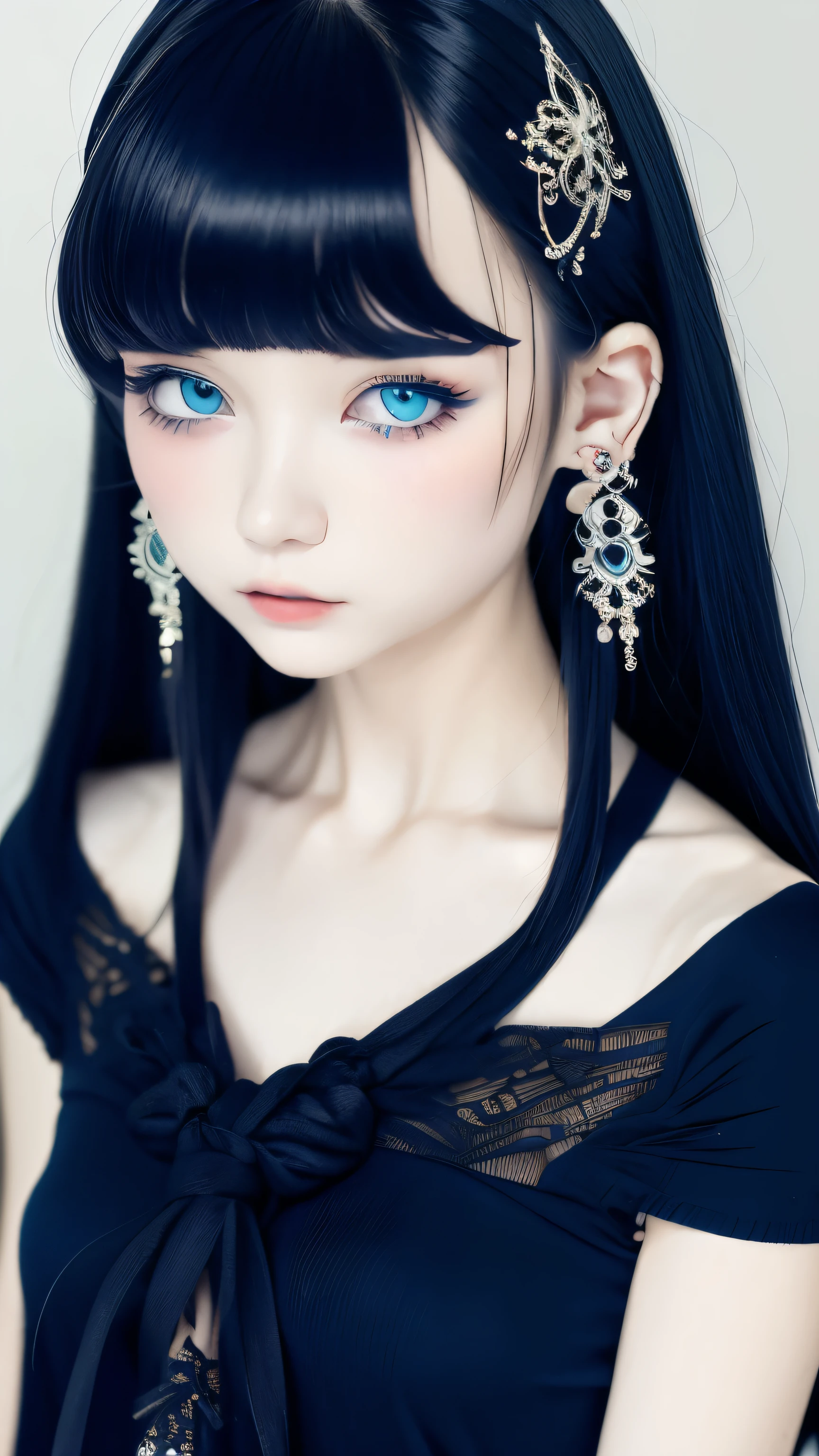 hair ornaments、earrings、tattoo、goth_punk, 1 girl, alone,、highest quality, realistic, Super delicate illustration, Beautiful and charming girl, slender body, tied hair, one girl, girl pictures, full body shot, beautiful blue eyes, looked back,ear nipple rings、hair ornaments、gem、