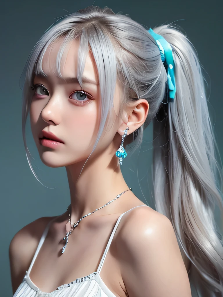 (masterpiece, highest quality:1.2), 8K, 85mm, Raw photo, confused, white and cyan theme, (liquid clothes, liquid dress:1.4), gray hair, gradient dress, delicate girl, Upper body, close your face, shiny skin, teen, looking at the viewer, HDR, sharp focus, particle, dusk sky, shiny skin, small eyes and face, colorful background, simple background、earrings、necklace、clavicle、twin tails、