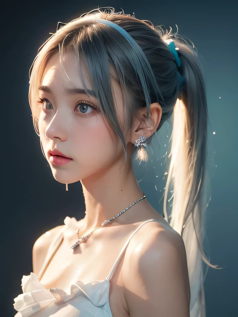 (masterpiece, highest quality:1.2), 8K, 85mm, Raw photo, confused, white and cyan theme, (liquid clothes, liquid dress:1.4), gray hair, gradient dress, delicate girl, Upper body, close your face, shiny skin, , looking at the viewer, HDR, sharp focus, particle, dusk sky, shiny skin, small eyes and face, colorful background, simple background、earrings、necklace、clavicle、twin tails、