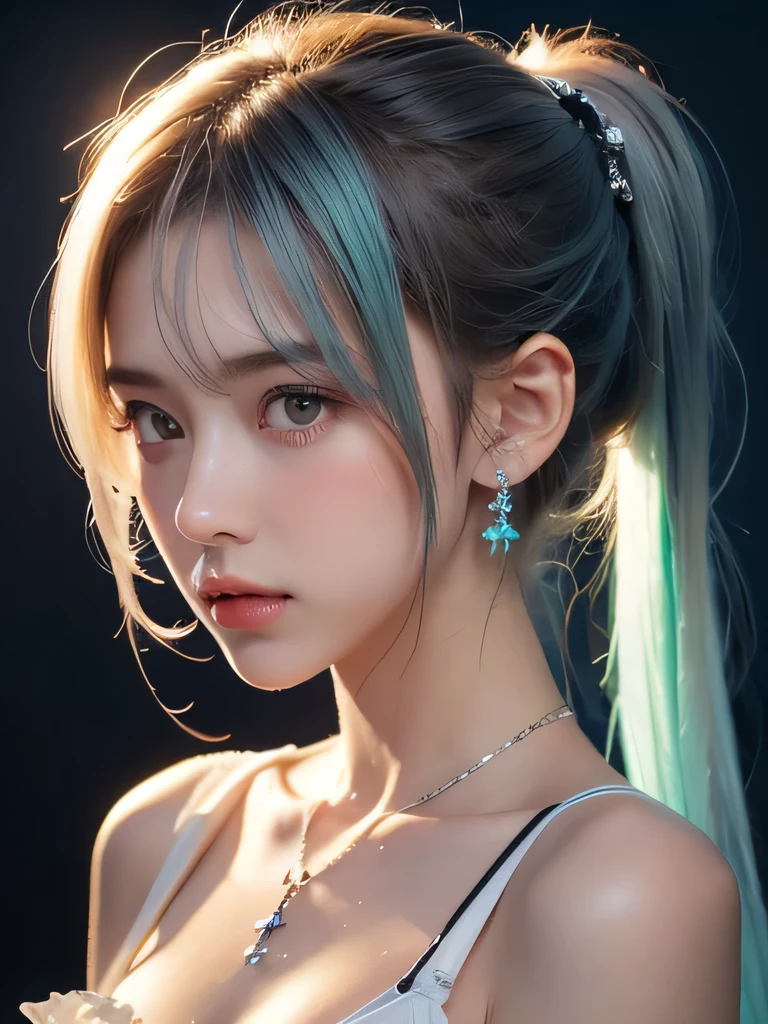 (masterpiece, highest quality:1.2), 8K, 85mm, Raw photo, confused, white and cyan theme, (liquid clothes, liquid dress:1.4), gray hair, gradient dress, delicate girl, Upper body, close your face, shiny skin, , looking at the viewer, HDR, sharp focus, particle, dusk sky, shiny skin, small eyes and face, colorful background, simple background、earrings、necklace、clavicle、twin tails、