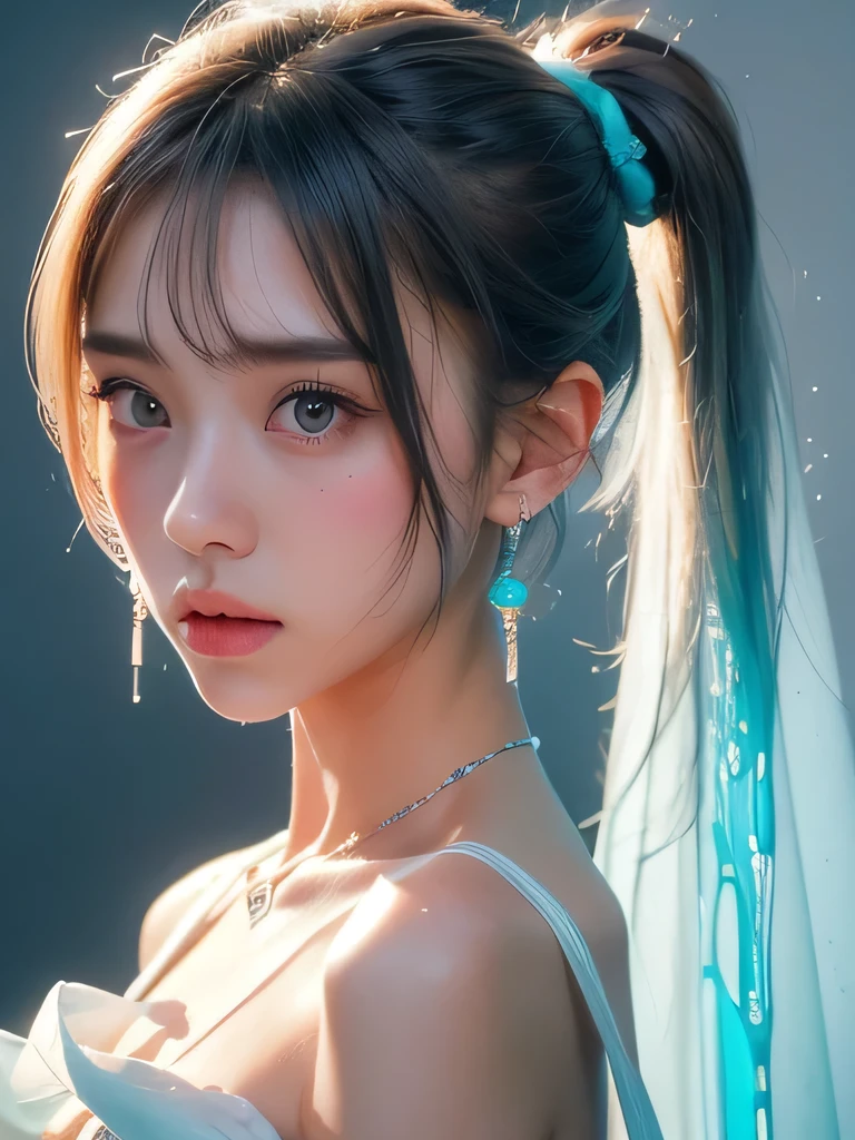 (masterpiece, highest quality:1.2), 8K, 85mm, Raw photo, confused, white and cyan theme, (liquid clothes, liquid dress:1.4), gray hair, gradient dress, delicate girl, Upper body, close your face, shiny skin, teen, looking at the viewer, HDR, sharp focus, particle, dusk sky, shiny skin, small eyes and face, colorful background, simple background、earrings、necklace、clavicle、twin tails、