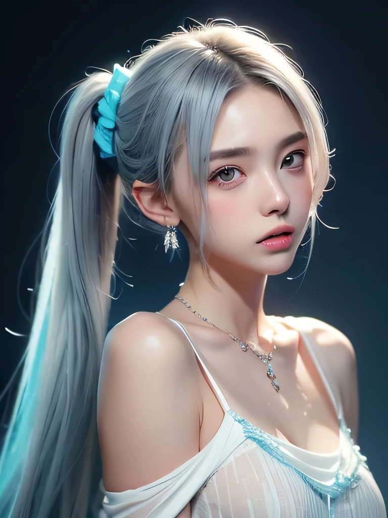 (masterpiece, highest quality:1.2), 8K, 85mm, Raw photo, confused, white and cyan theme, (liquid clothes, liquid dress:1.4), gray hair, gradient dress, delicate girl, Upper body, close your face, shiny skin, teen, looking at the viewer, HDR, sharp focus, particle, dusk sky, shiny skin, small eyes and face, colorful background, simple background、earrings、necklace、clavicle、twin tails、