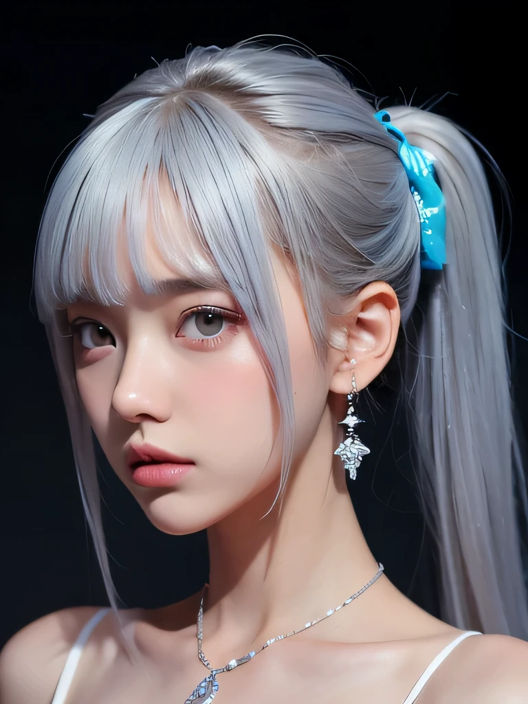 (masterpiece, highest quality:1.2), 8K, 85mm, Raw photo, confused, white and cyan theme, (liquid clothes, liquid dress:1.4), gray hair, gradient dress, delicate girl, Upper body, close your face, shiny skin, , looking at the viewer, HDR, sharp focus, particle, dusk sky, shiny skin, small eyes and face, colorful background, simple background、earrings、necklace、clavicle、twin tails、