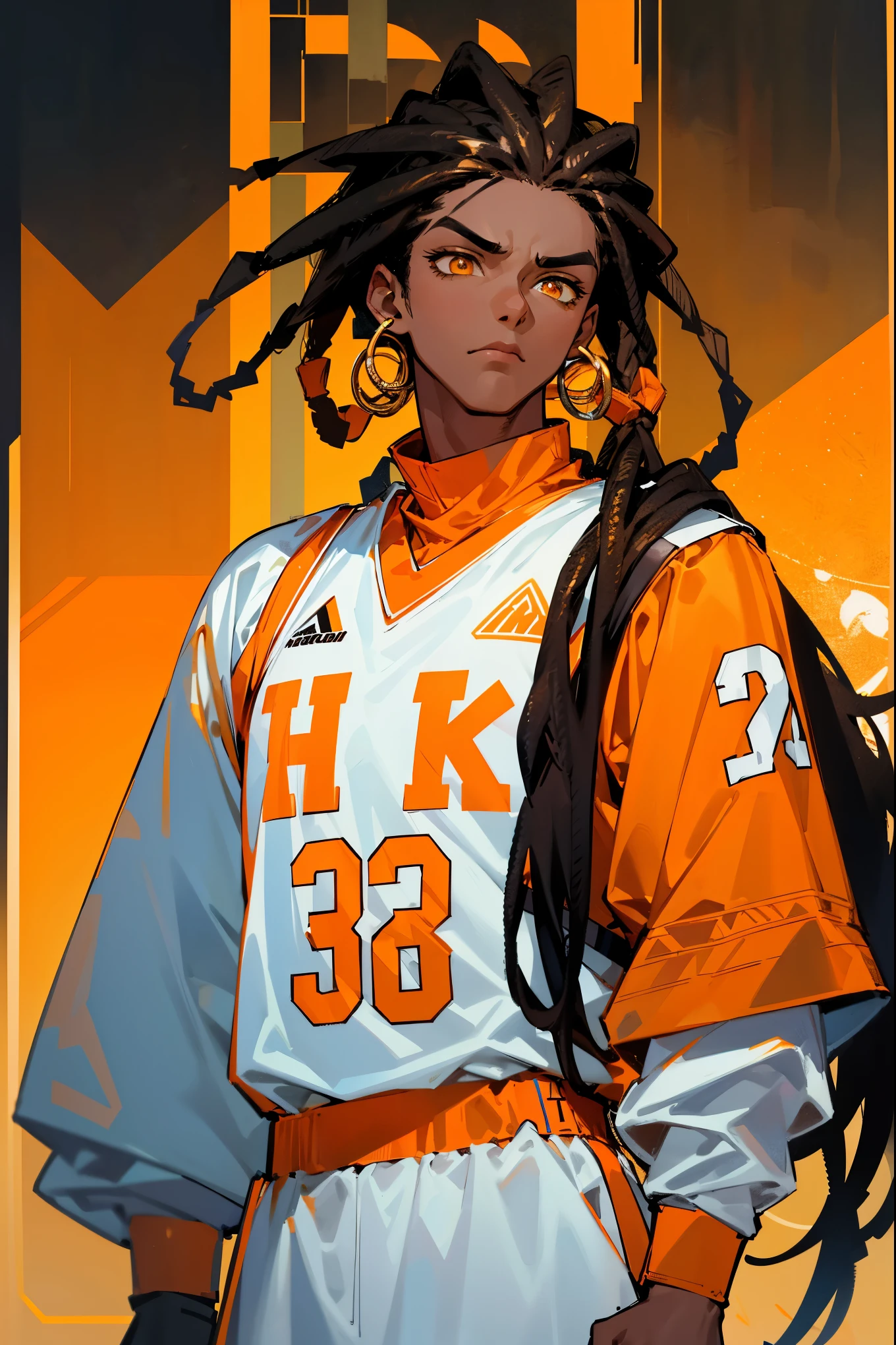 Dark Skin , Dreadlocks , black hair, Serious Expression , Yellow Eyes , White Longsleeve Turtleneck , ((white and orange Basketball Jersey)) Worn Over , Golden and Diamond Chains , Diamond Jewelry , Modern City Background , Standing On Sidewalk , Muscular, ((basketball jersey)), new york knicks jersey