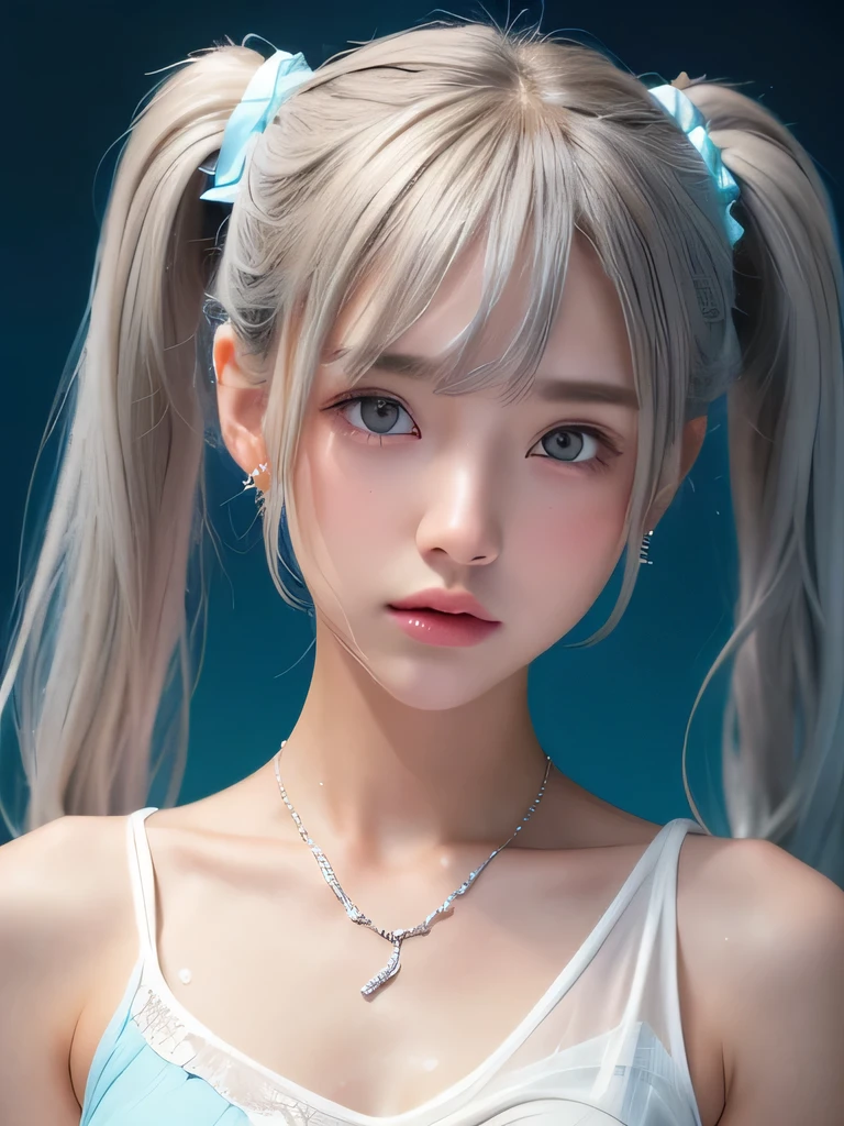 (masterpiece, highest quality:1.2), 8K, 85mm, Raw photo, confused, white and cyan theme, (liquid clothes, liquid dress:1.4), gray hair, gradient dress, delicate girl, Upper body, close your face, shiny skin, teen, looking at the viewer, HDR, sharp focus, particle, dusk sky, shiny skin, small eyes and face, colorful background, simple background、earrings、necklace、clavicle、twin tails、