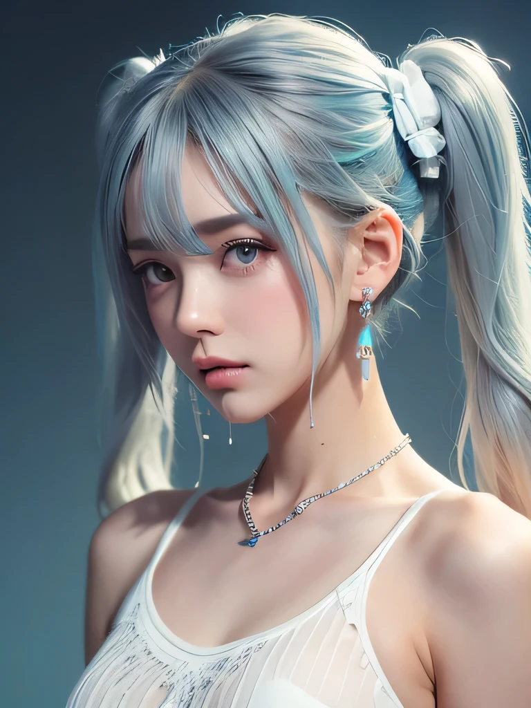 (masterpiece, highest quality:1.2), 8K, 85mm, Raw photo, confused, white and cyan theme, (liquid clothes, liquid dress:1.4), gray hair, gradient dress, delicate girl, Upper body, close your face, shiny skin, teen, looking at the viewer, HDR, sharp focus, particle, dusk sky, shiny skin, small eyes and face, colorful background, simple background、earrings、necklace、clavicle、twin tails、