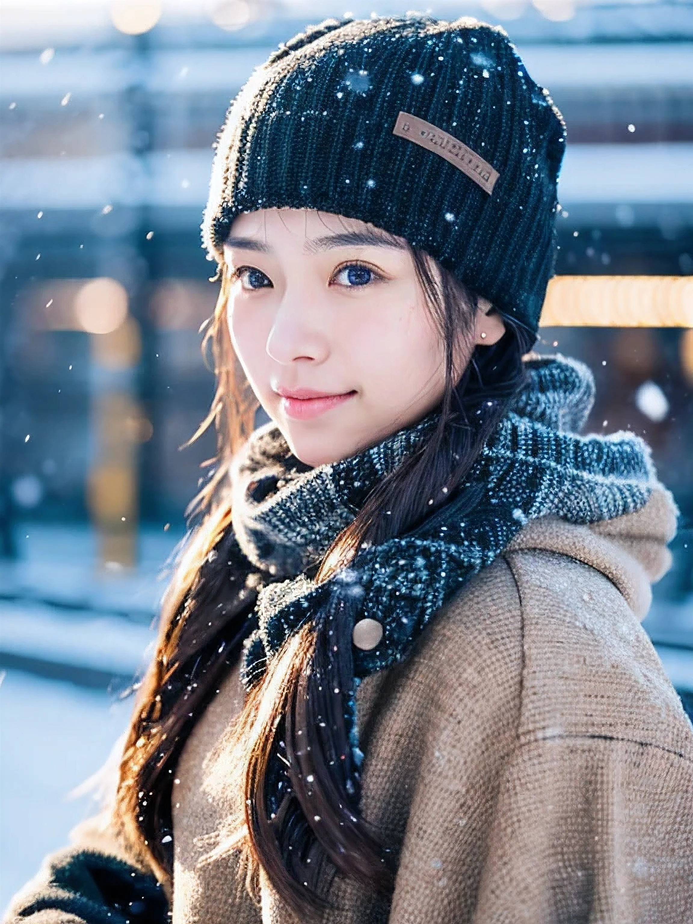 realistic, 32K full body portrait, Beautiful woman, attractive appearance, clear type, ponytail, 22 years ago,  winter, With Sapporo Station in the background、beautiful skin、strong wind、that&#39;It&#39;s snowing、Wearing a woolen hat