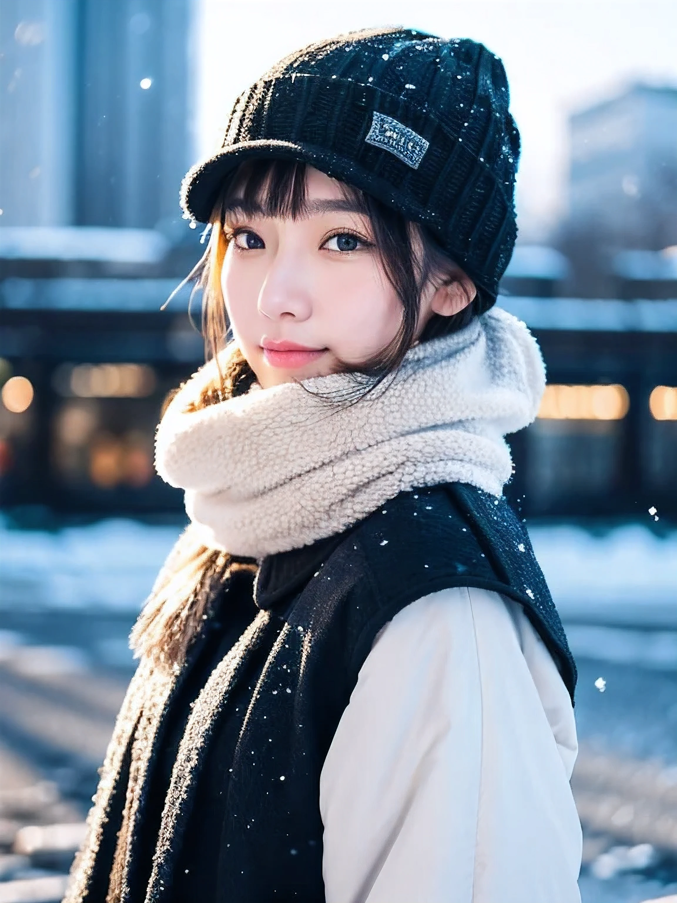 realistic, 32K full body portrait, Beautiful woman, attractive appearance, clear type, ponytail, 22 years ago,  winter, With Sapporo Station in the background、beautiful skin、strong wind、that&#39;It&#39;s snowing、Wearing a woolen hat