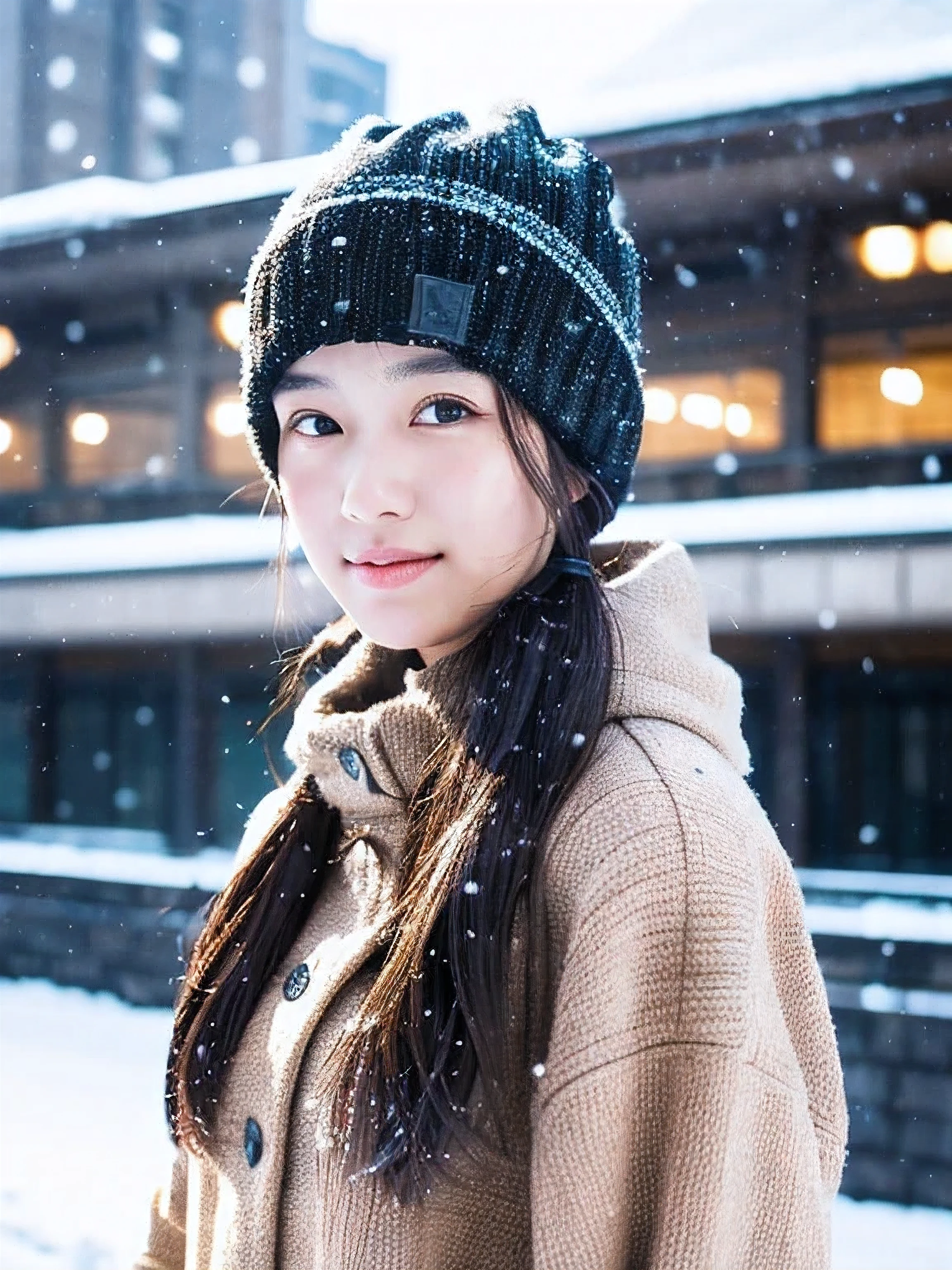 realistic, 32K full body portrait, Beautiful woman, attractive appearance, clear type, ponytail, 22 years ago, winter, With Sapporo Station in the background、beautiful skin、strong wind、that'It's snowing、Wearing a woolen hat