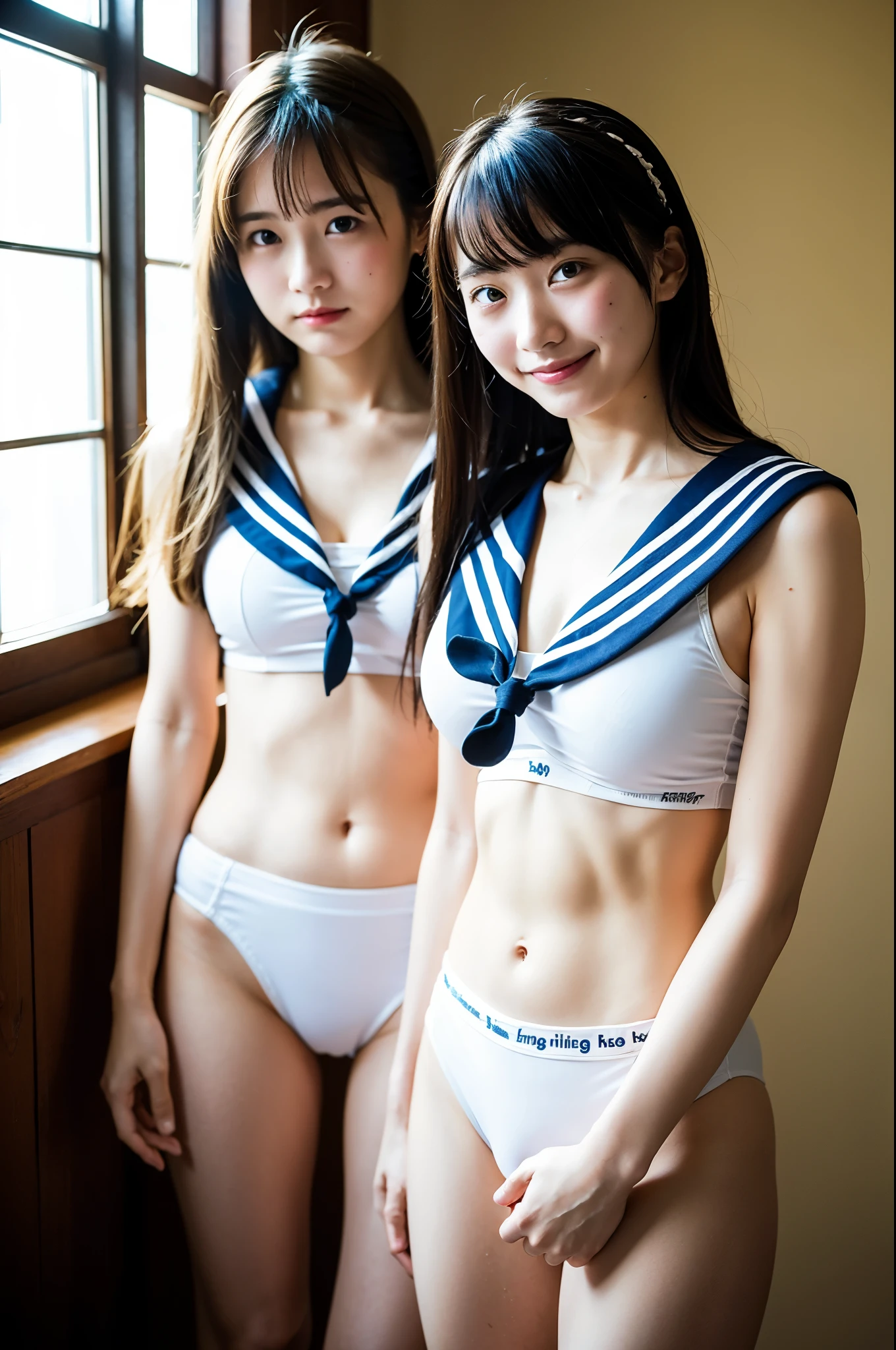 2 girls near window in old-Japanese classroom,white sailor bikini,18-year-old,bangs,a little smile,thighs,knees,straight hair with barrette,from below,front light