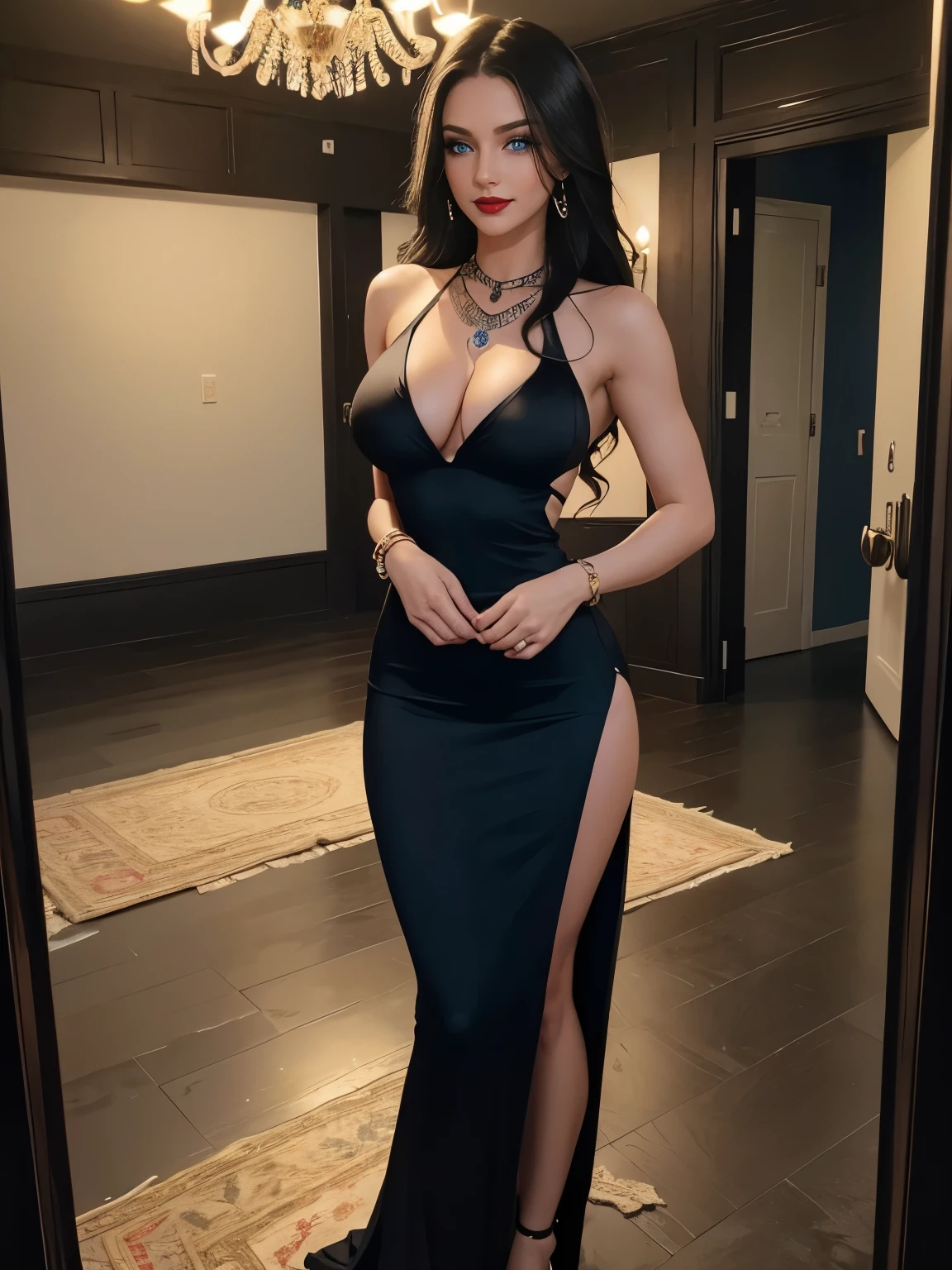 Caucasian woman;black hair, wavy hair, long hair, hair parted in the middle;blue eyes, ((lined eyes)), ((highlight blue eyes)), glitter eyes; ((red lipstick)), makeup;smile, (full body), toned body, athletic body, (medium breasts), nipples; ((black asymmetrical dress)); earrings, necklace, bracelets;high quality, artistic shot, light highlights body; at night; standing; in elegant home, front view, overhead shot.