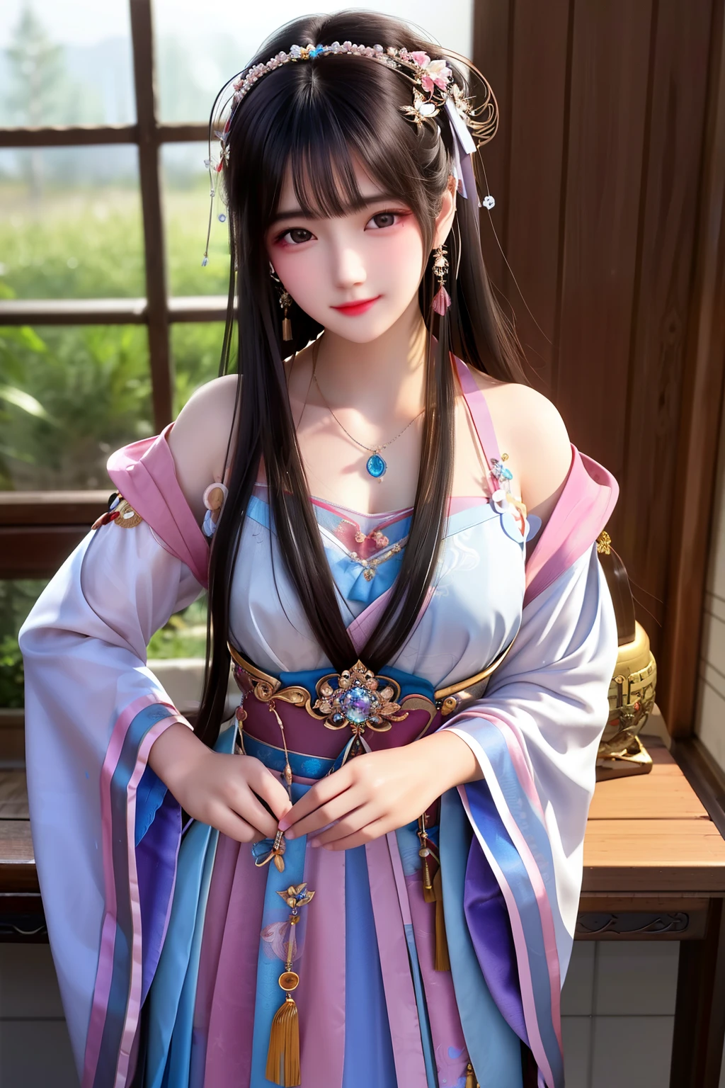 Prepare for a visual feast as I describe an excellent quality, masterpiece-level image. The scene comprises the enchanting presence of a single girl, her cheeks subtly tinted with a blush, casting a seductive smile that captures the viewer's attention. Her star-liked pupils gleam brilliantly against the backdrop of the Chinese Hanfu Lilac attire she adorns, accessorized with delicate hairpins and an intricately designed necklace, brimming with captivating beauty.
Her exist_Body is depicted with breathtaking realism, the Tyndall effect adding a mystical allure to the light that reflects off her