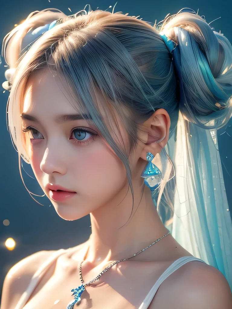 (masterpiece, highest quality:1.2), 8K, 85mm, Raw photo, confused, white and cyan theme, (liquid clothes, liquid dress:1.4), gray hair, gradient dress, delicate girl, Upper body, close your face, shiny skin, teen, looking at the viewer, HDR, sharp focus, particle, dusk sky, shiny skin, small eyes and face, colorful background, simple background、earrings、necklace、clavicle、twin tails、