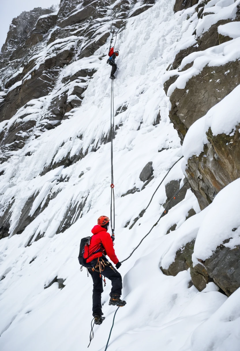 Cliffhanger, young man, lifeline, snow, shore