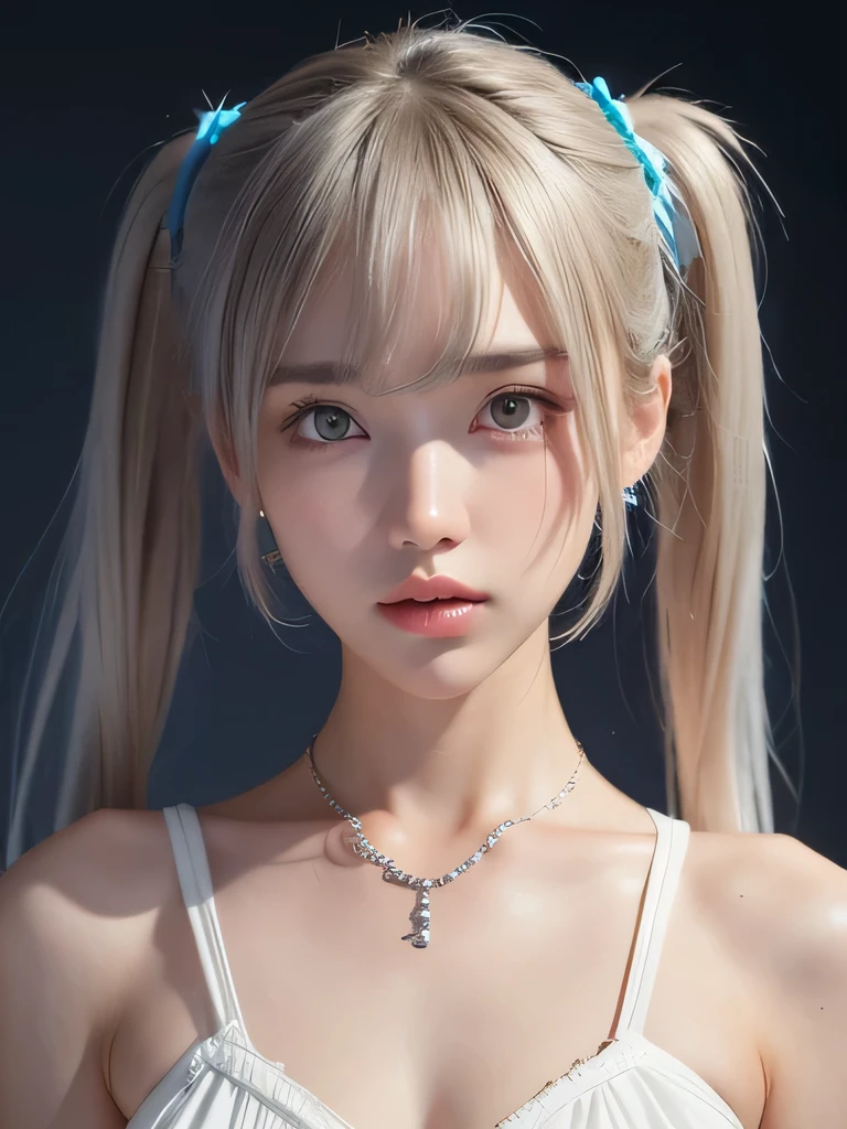 (masterpiece, highest quality:1.2), 8K, 85mm, Raw photo, confused, white and cyan theme, (liquid clothes, liquid dress:1.4), gray hair, gradient dress, delicate girl, Upper body, close your face, shiny skin, , looking at the viewer, HDR, sharp focus, particle, dusk sky, shiny skin, small eyes and face, colorful background, simple background、earrings、necklace、clavicle、twin tails、