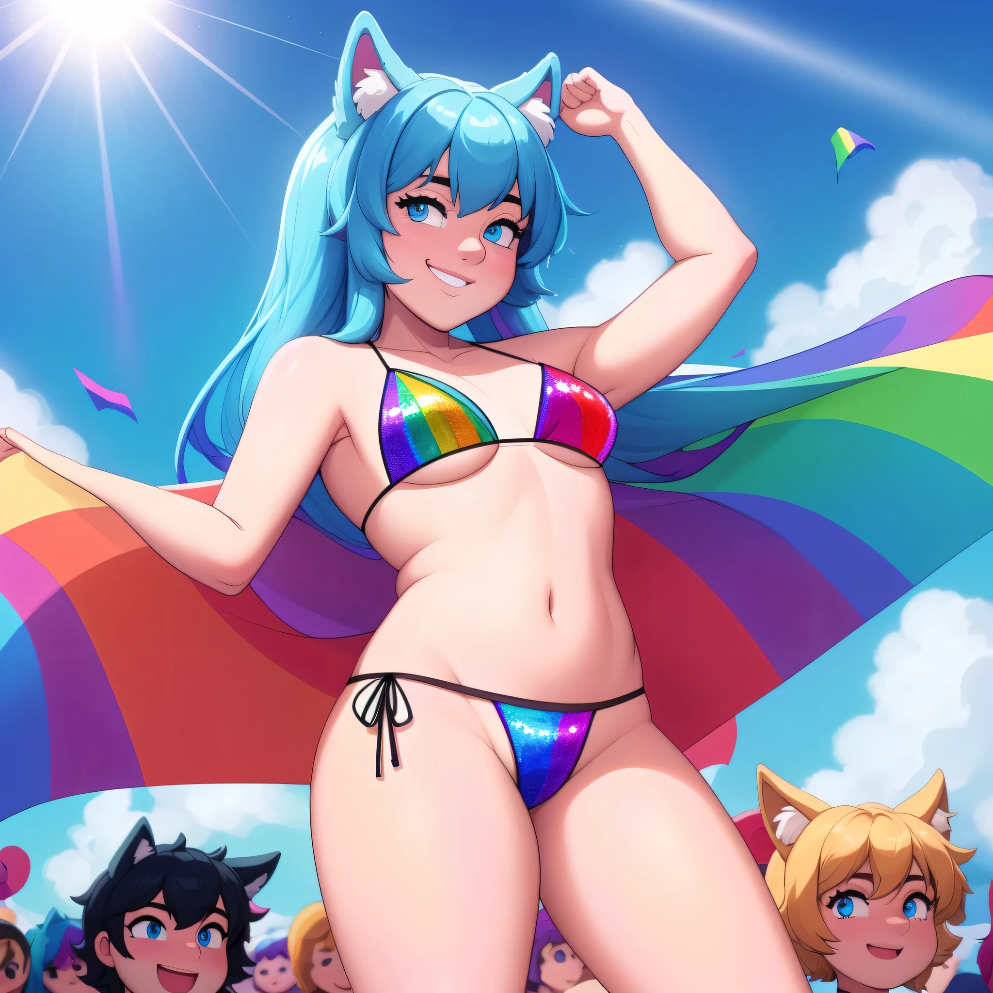 (Masterpiece) (High Detail) (High Res) A close up of a short slim humanoid girl with pale human skin and blue eyes and long blue hair and blue dog ears and a fluffy blue dog tail and medium breasts. She is wearing a shiny rainbow sequin bikini top and shiny rainbow sequin bikini bottoms. She is stood in the middle of a pride parade. Crowd in background. Rainbows. Rainbow flag. Rainbow headdress. Raindbow panties. She is smiling and having a good time. She is dancing on stage. 