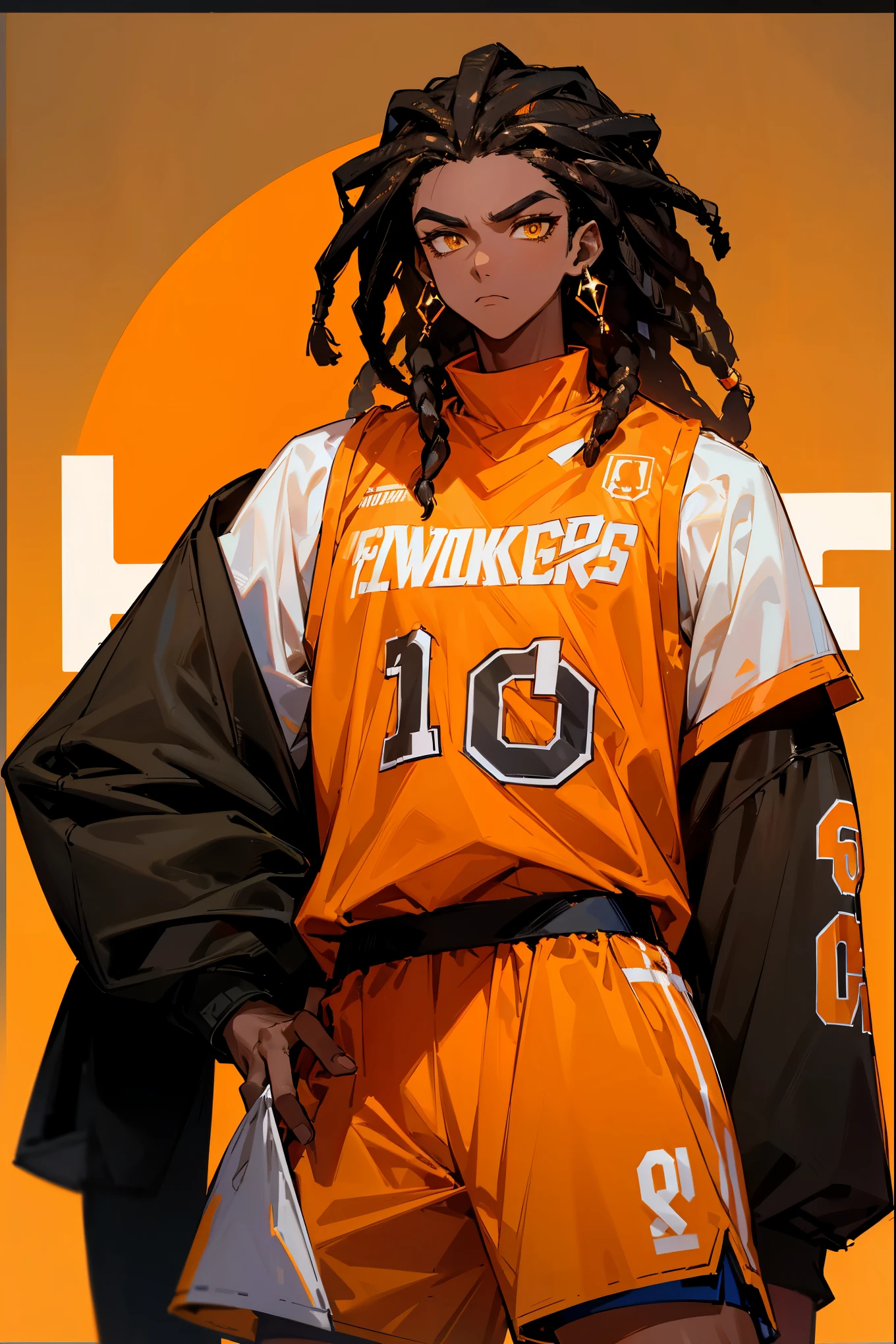 Dark Skin , Dreadlocks , black hair, Serious Expression , Yellow Eyes , White Longsleeve Turtleneck , ((white and orange Basketball Jersey)) Worn Over , Golden and Diamond Chains , Diamond Jewelry , Modern City Background , Standing On Sidewalk , Muscular, ((basketball jersey)), new york knicks jersey